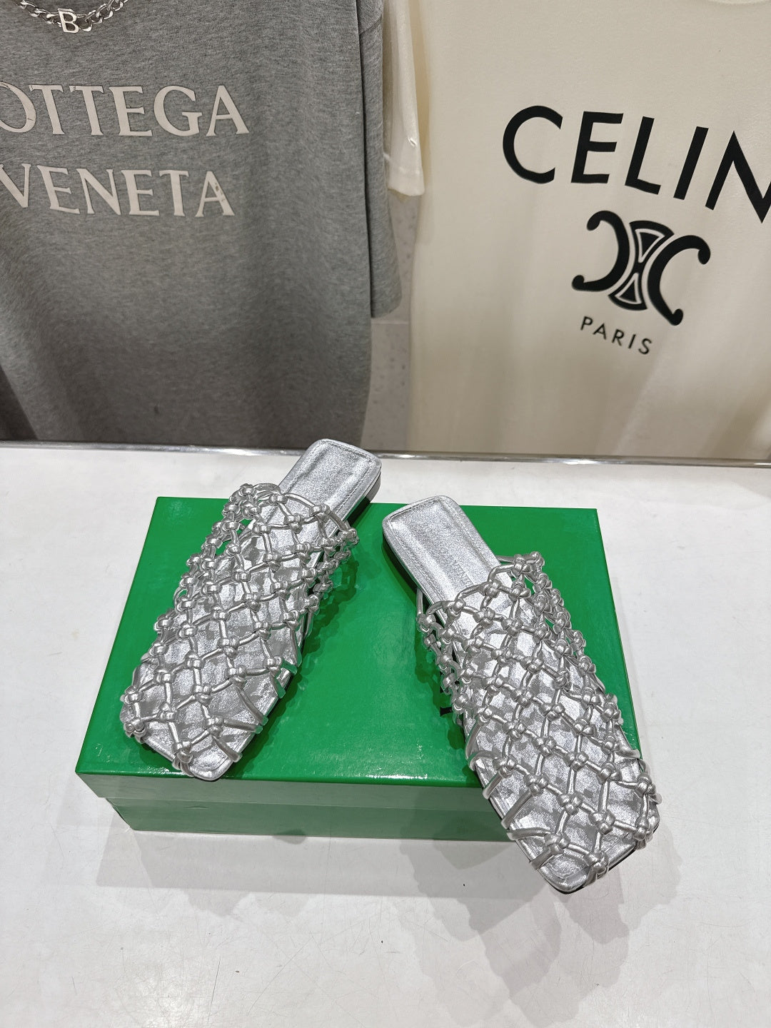 BOTTEGA VENETA 26S WOVEN MULES IN SILVER LAMBSKIN