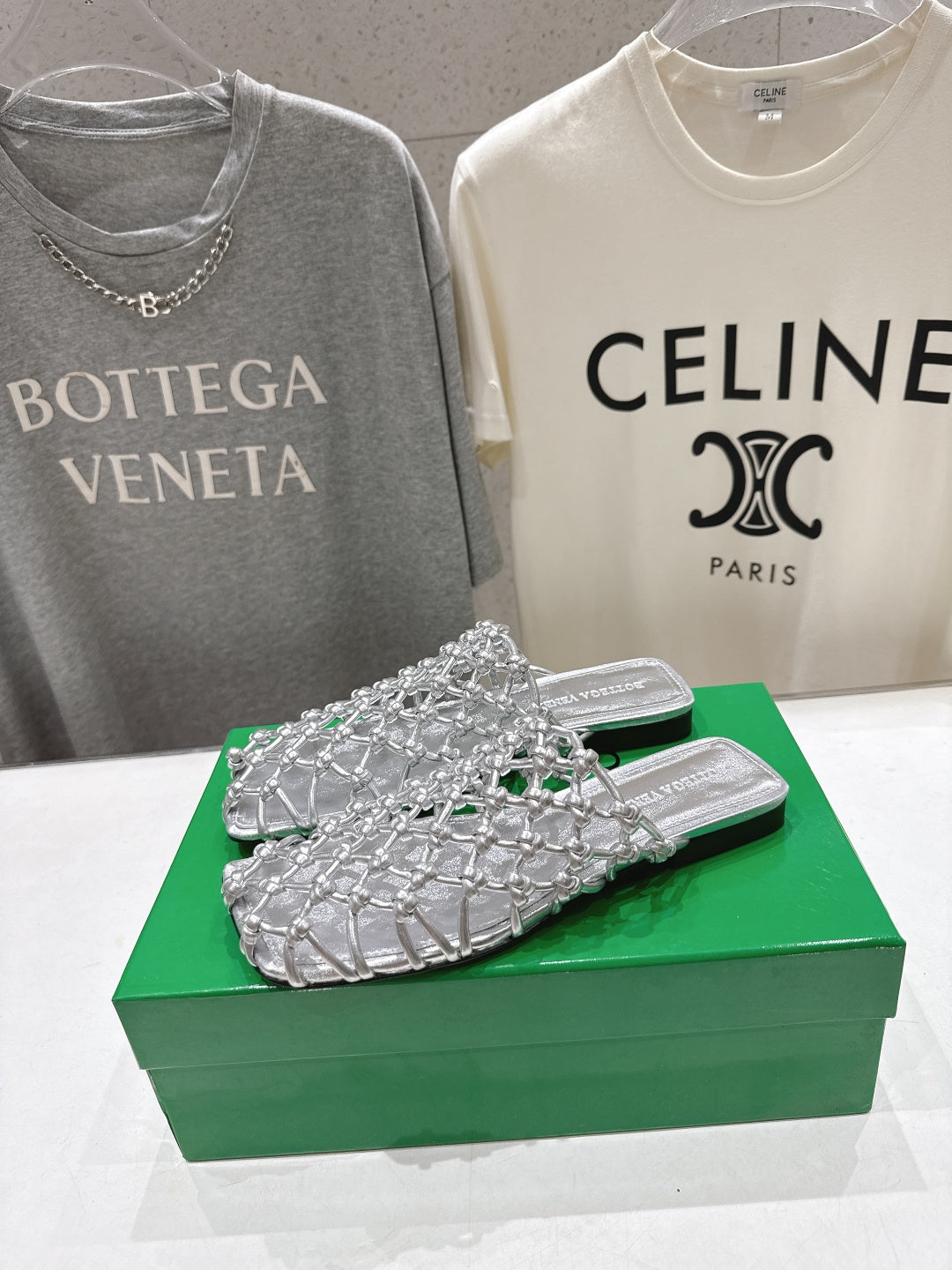 BOTTEGA VENETA 26S WOVEN MULES IN SILVER LAMBSKIN