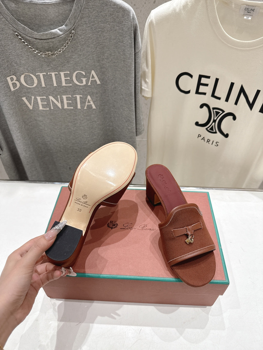LP 26S HIGH HEEL SANDALS IN DARK BROWN CANVAS AND CALFSKIN