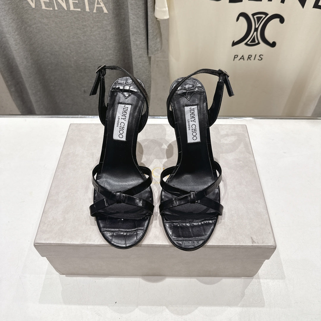 JIMMY CHOO 26S HIGH-HEELED SANDALS 100 MM IN BLACK CROC-EMBOSSED LAMBSKIN