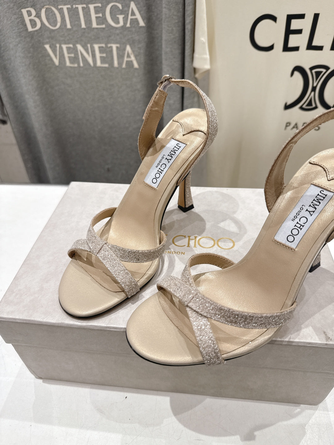 JIMMY CHOO 26S HIGH-HEELED SANDALS 100 MM IN LIGHT BEIGE GLITTER FABRIC