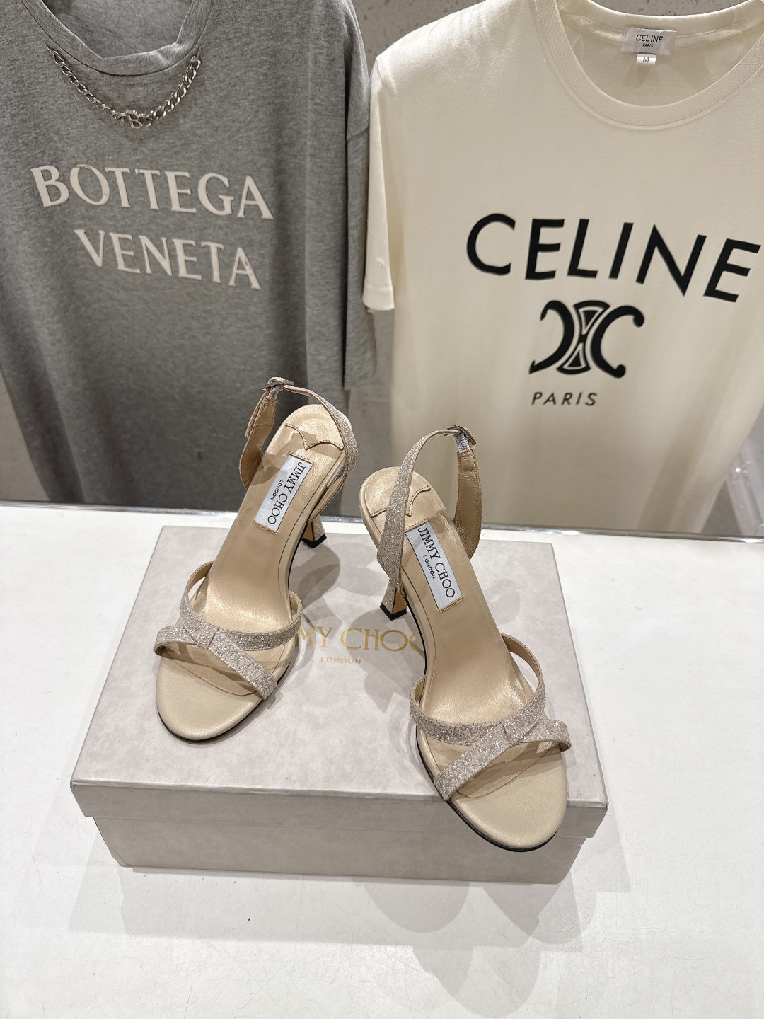 JIMMY CHOO 26S HIGH-HEELED SANDALS 100 MM IN LIGHT BEIGE GLITTER FABRIC