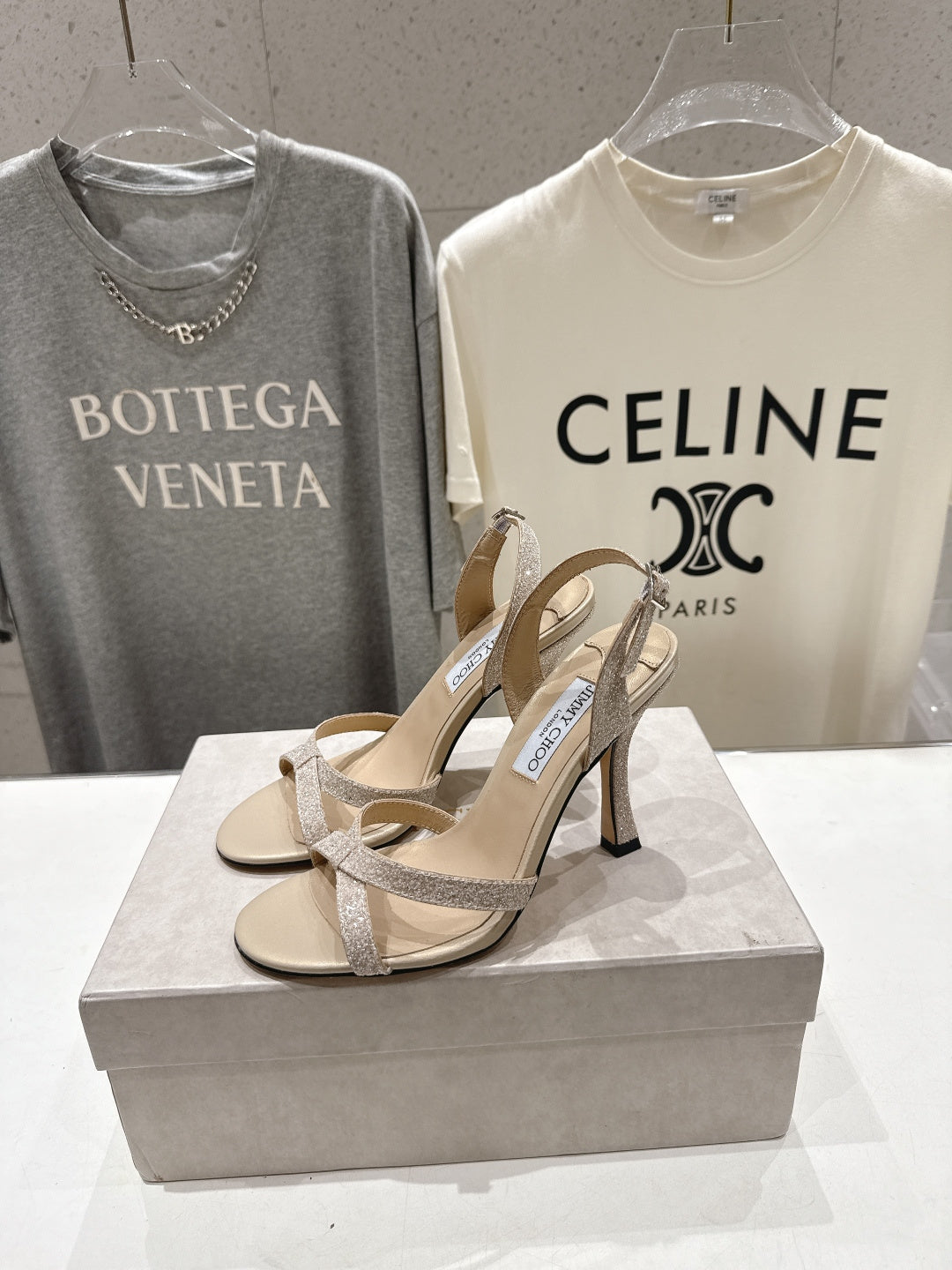 JIMMY CHOO 26S HIGH-HEELED SANDALS 100 MM IN LIGHT BEIGE GLITTER FABRIC