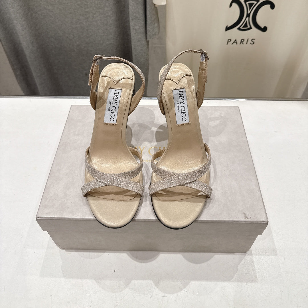JIMMY CHOO 26S HIGH-HEELED SANDALS 100 MM IN LIGHT BEIGE GLITTER FABRIC