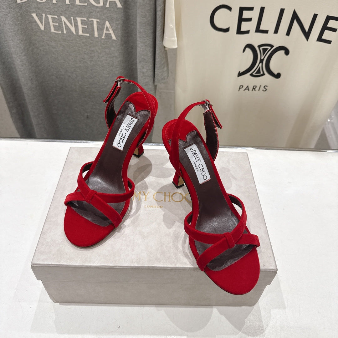 JIMMY CHOO 26S HIGH-HEELED SANDALS 100 MM IN RED VELVET