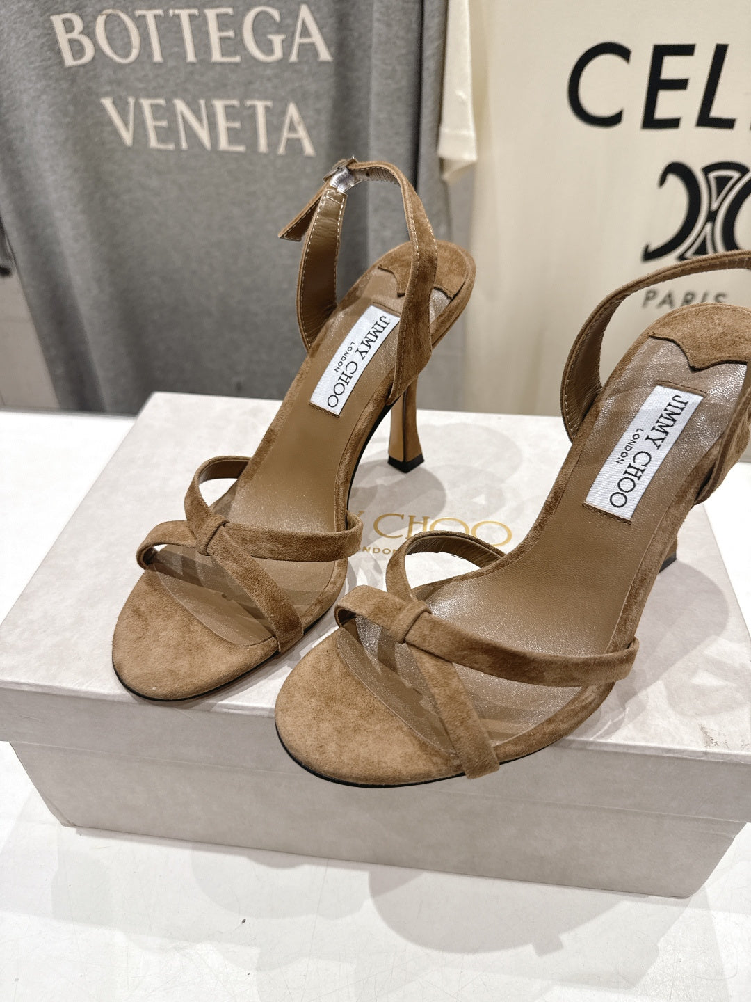 JIMMY CHOO 26S HIGH-HEELED SANDALS 100 MM IN BROWN SUEDE