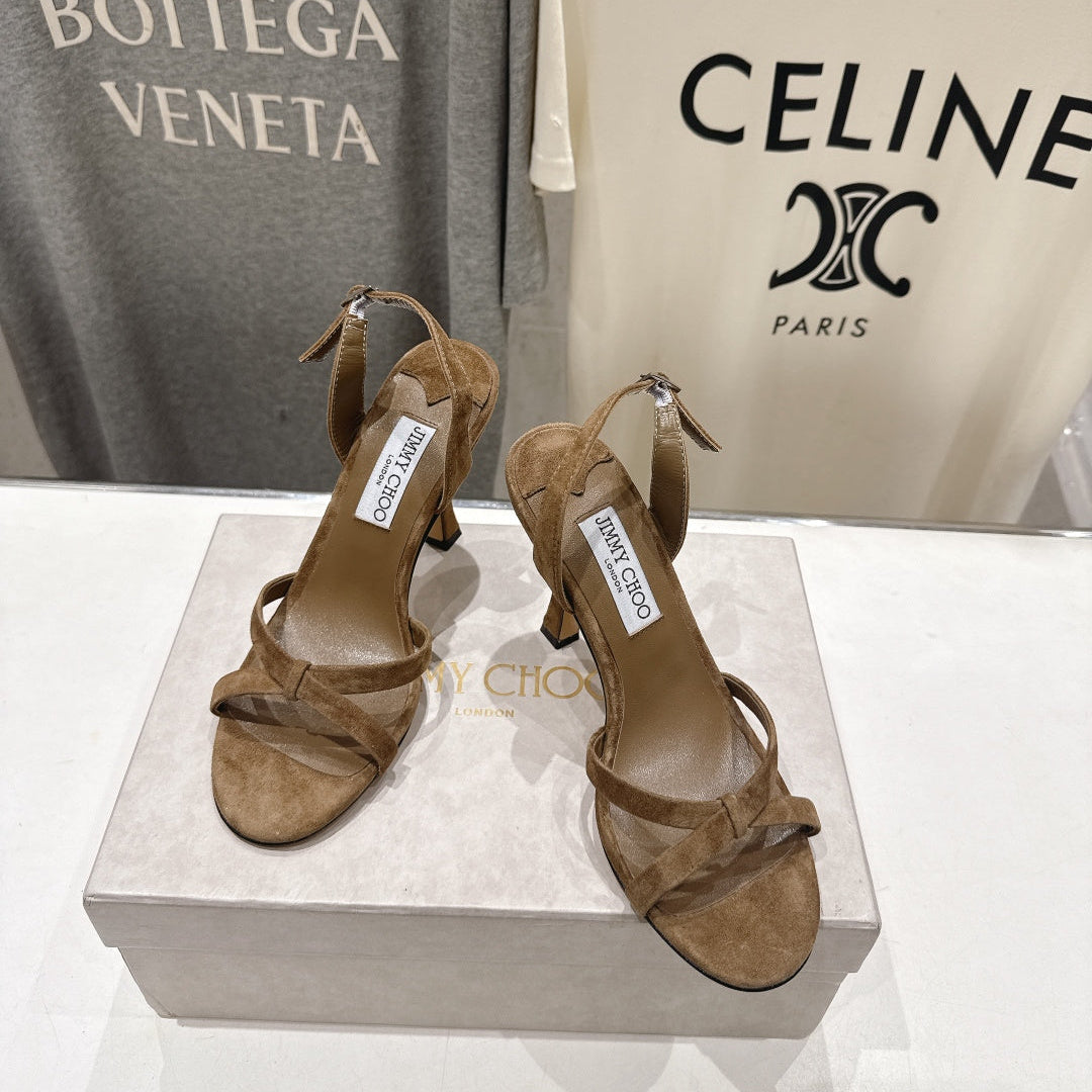 JIMMY CHOO 26S HIGH-HEELED SANDALS 100 MM IN BROWN SUEDE
