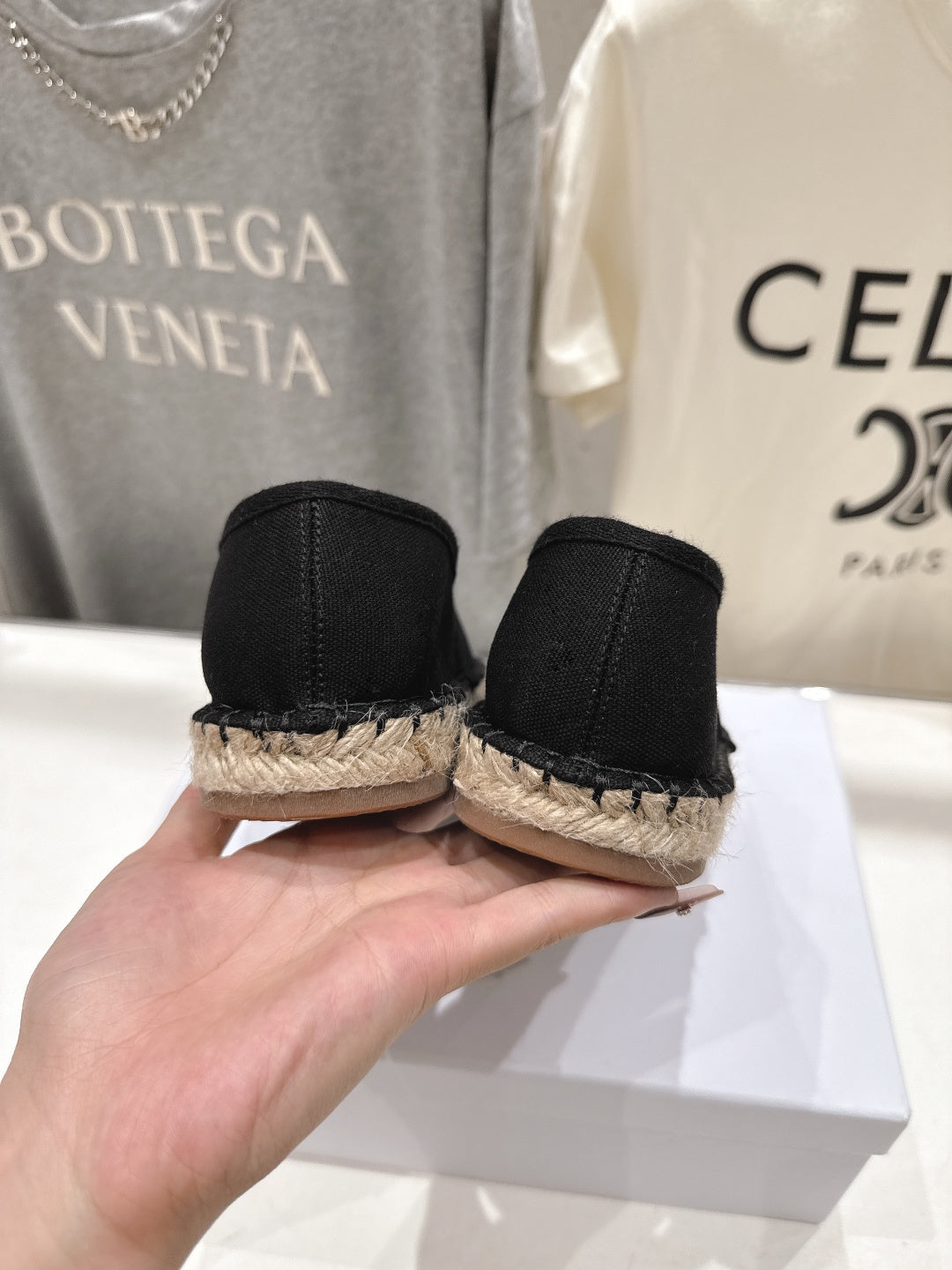 CELINE 26S MAISON PARIS EMBLEM ESPADRILLE FLATS IN BLACK CANVAS
