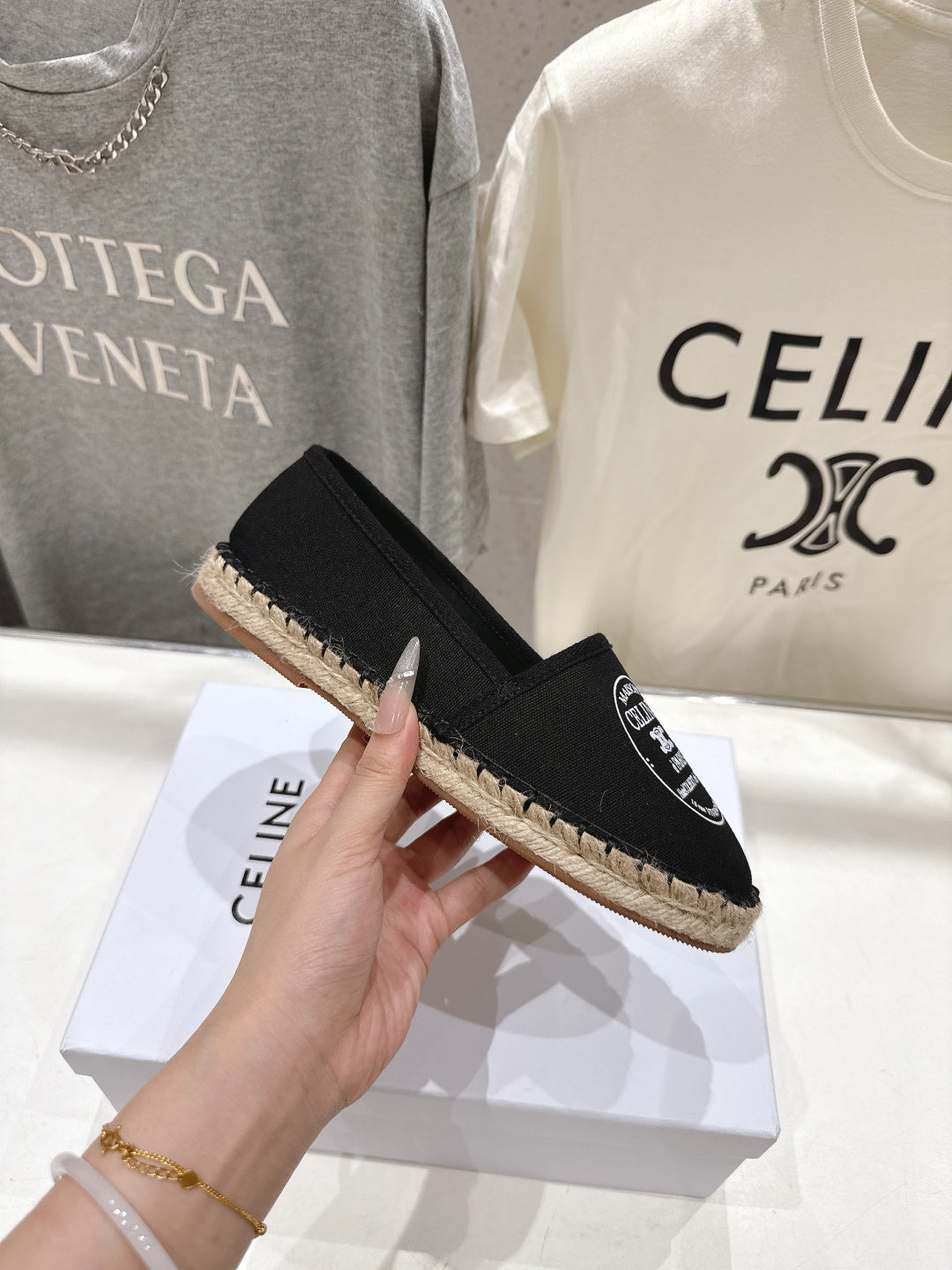 CELINE 26S MAISON PARIS EMBLEM ESPADRILLE FLATS IN BLACK CANVAS
