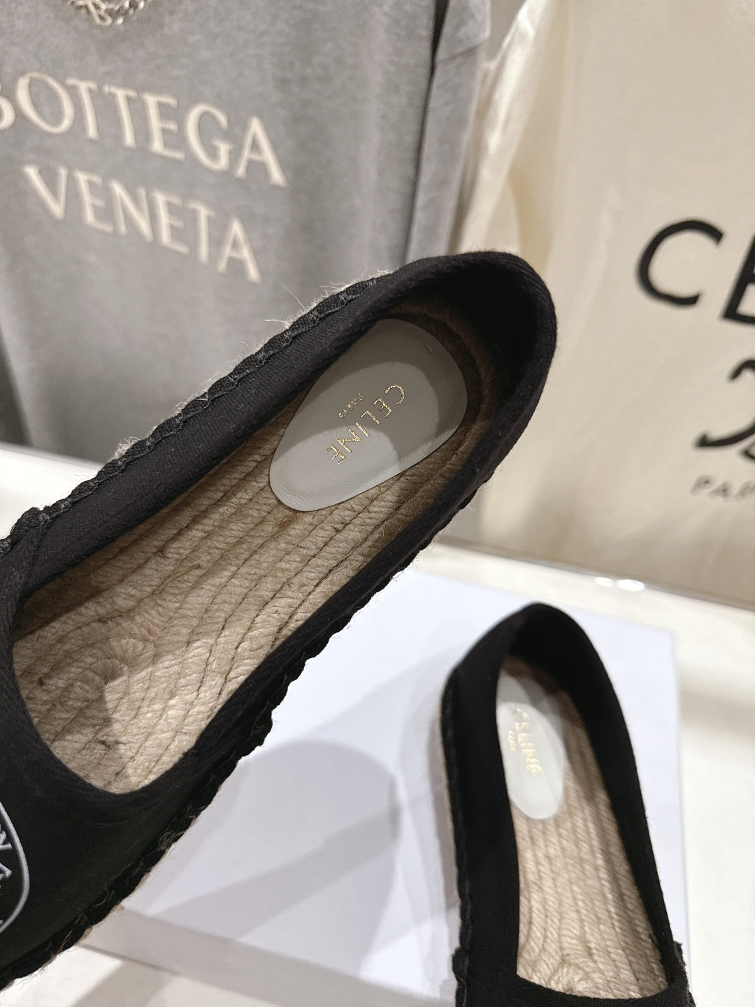 CELINE 26S MAISON PARIS EMBLEM ESPADRILLE FLATS IN BLACK CANVAS