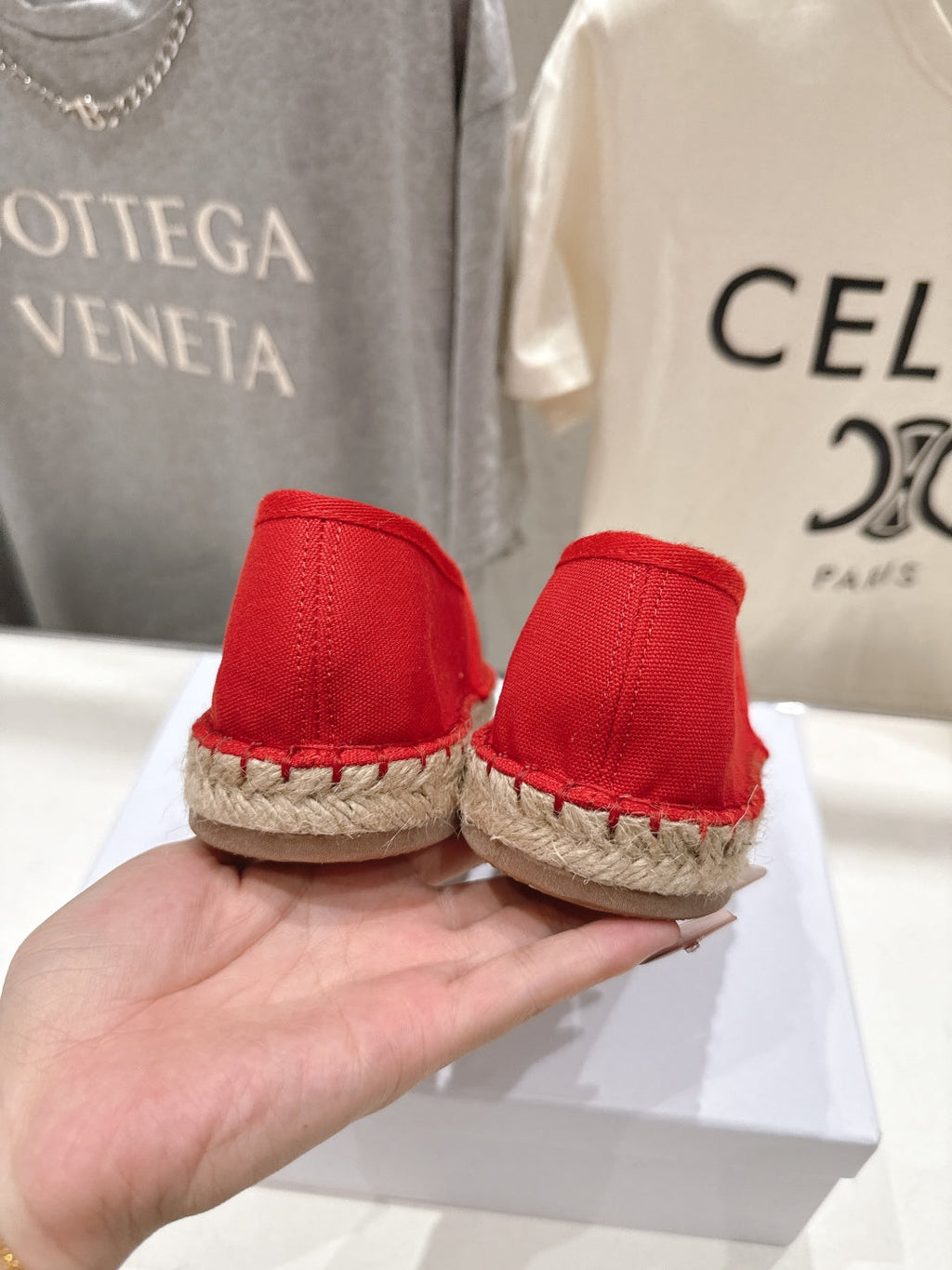 CELINE 26S MAISON PARIS EMBLEM ESPADRILLE FLATS IN DARK RED CANVAS