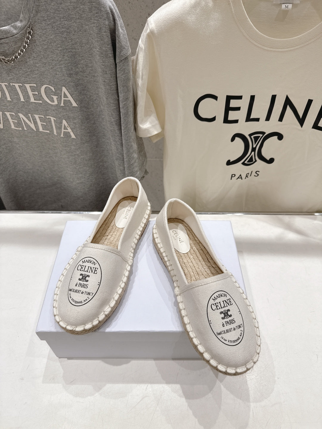 CELINE 26S MAISON PARIS EMBLEM ESPADRILLE FLATS IN IVORY WHITE CANVAS