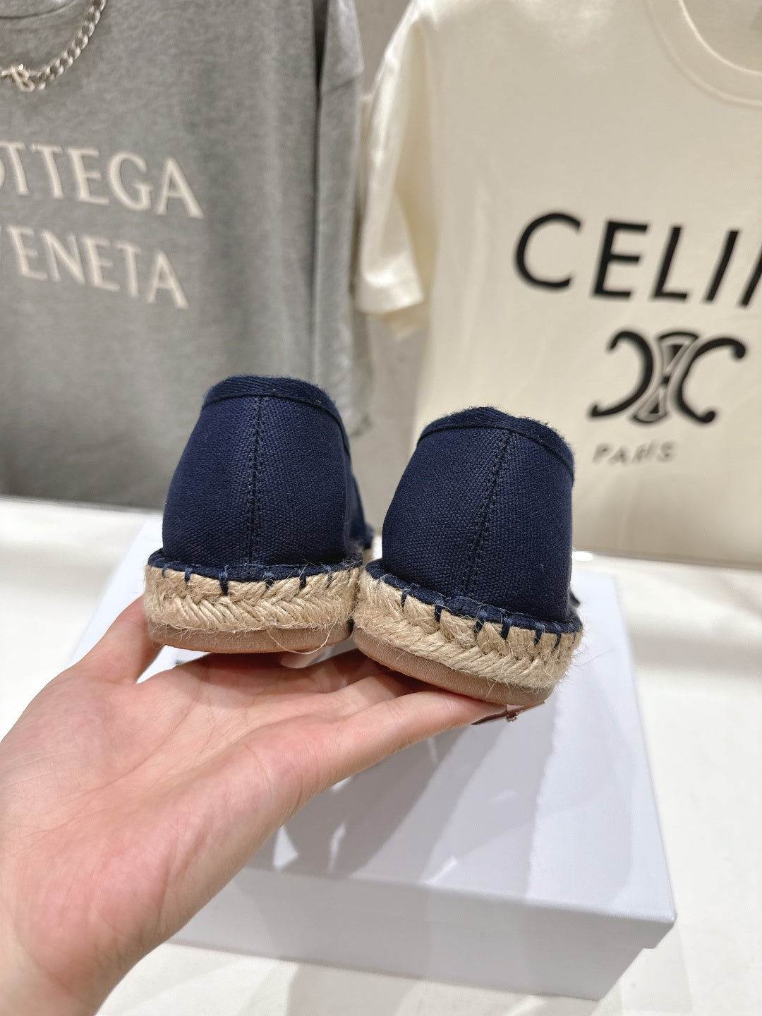 CELINE 26S MAISON PARIS EMBLEM ESPADRILLE FLATS IN NAVY BLUE CANVAS