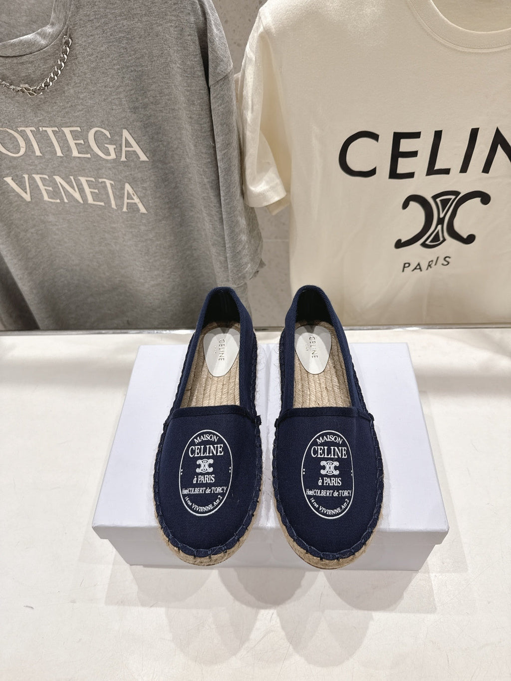 CELINE 26S MAISON PARIS EMBLEM ESPADRILLE FLATS IN NAVY BLUE CANVAS
