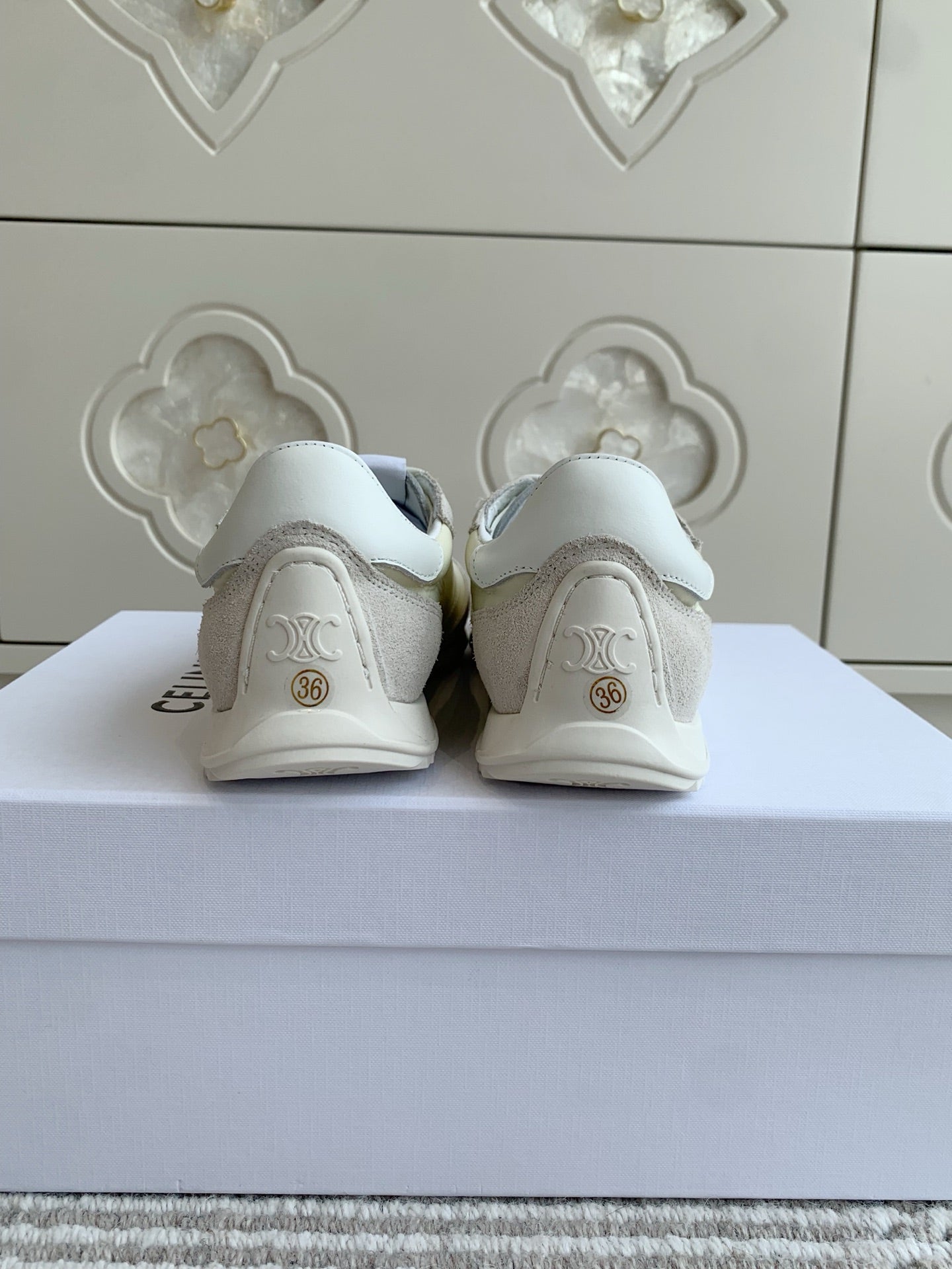 CELINE 26S TRIOMPHE RUNNER SNEAKERS IN CREAM WHITE NYLON AND LIGHT GREY SUEDE