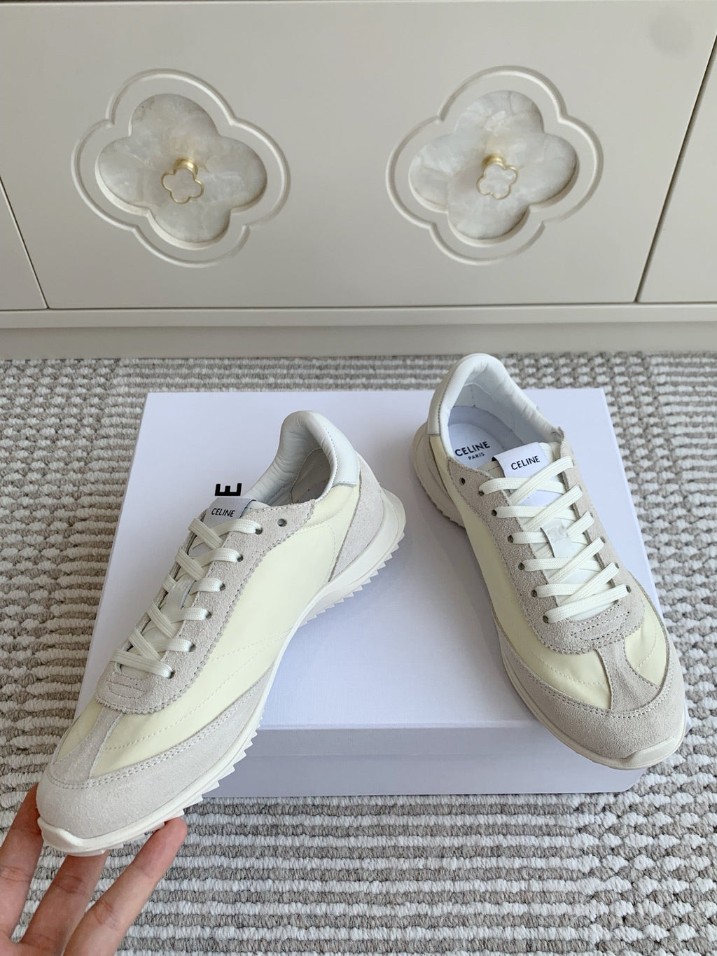 CELINE 26S TRIOMPHE RUNNER SNEAKERS IN CREAM WHITE NYLON AND LIGHT GREY SUEDE