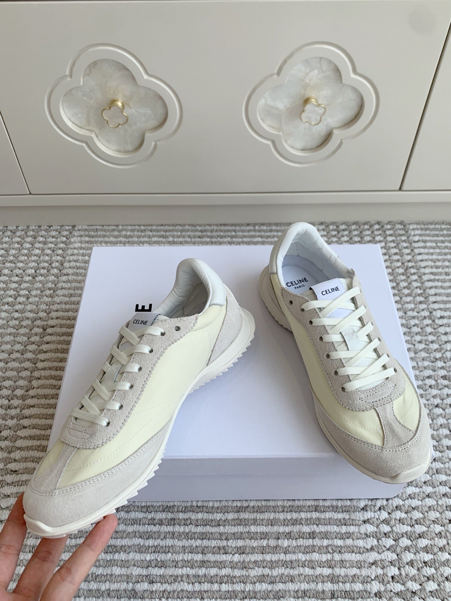CELINE 26S TRIOMPHE RUNNER SNEAKERS IN CREAM WHITE NYLON AND LIGHT GREY SUEDE