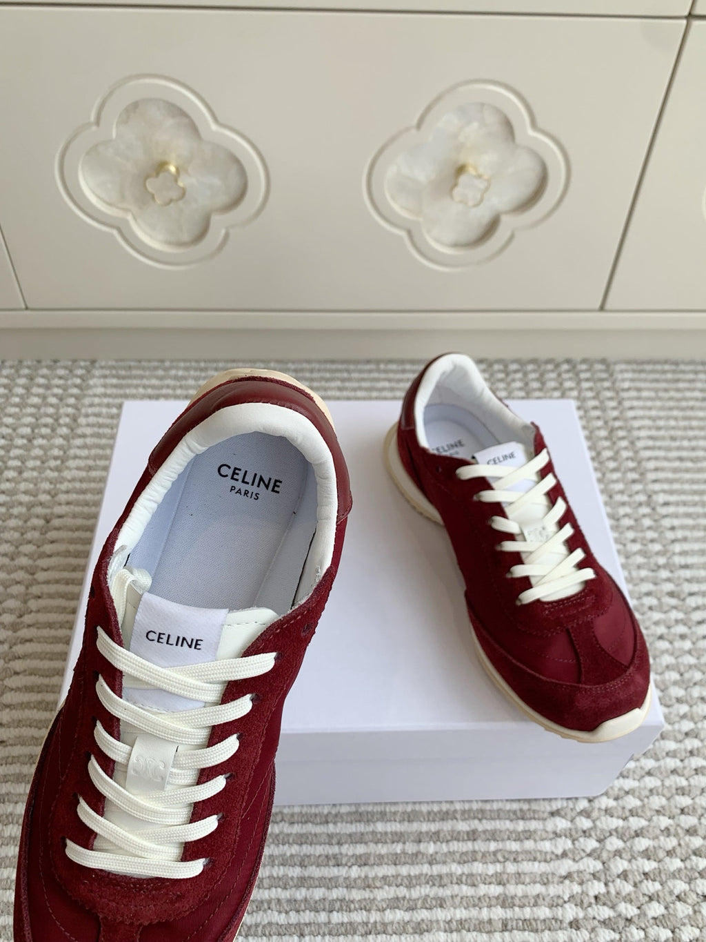 CELINE 26S TRIOMPHE RUNNER SNEAKERS IN BURGUNDY RED NYLON AND SUEDE