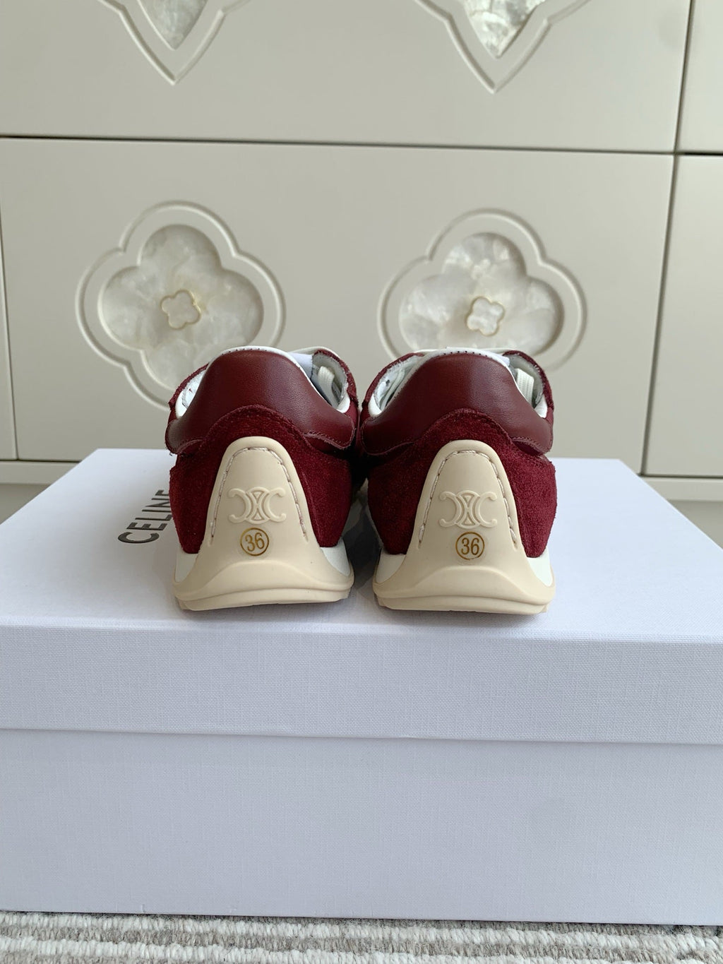 CELINE 26S TRIOMPHE RUNNER SNEAKERS IN BURGUNDY RED NYLON AND SUEDE