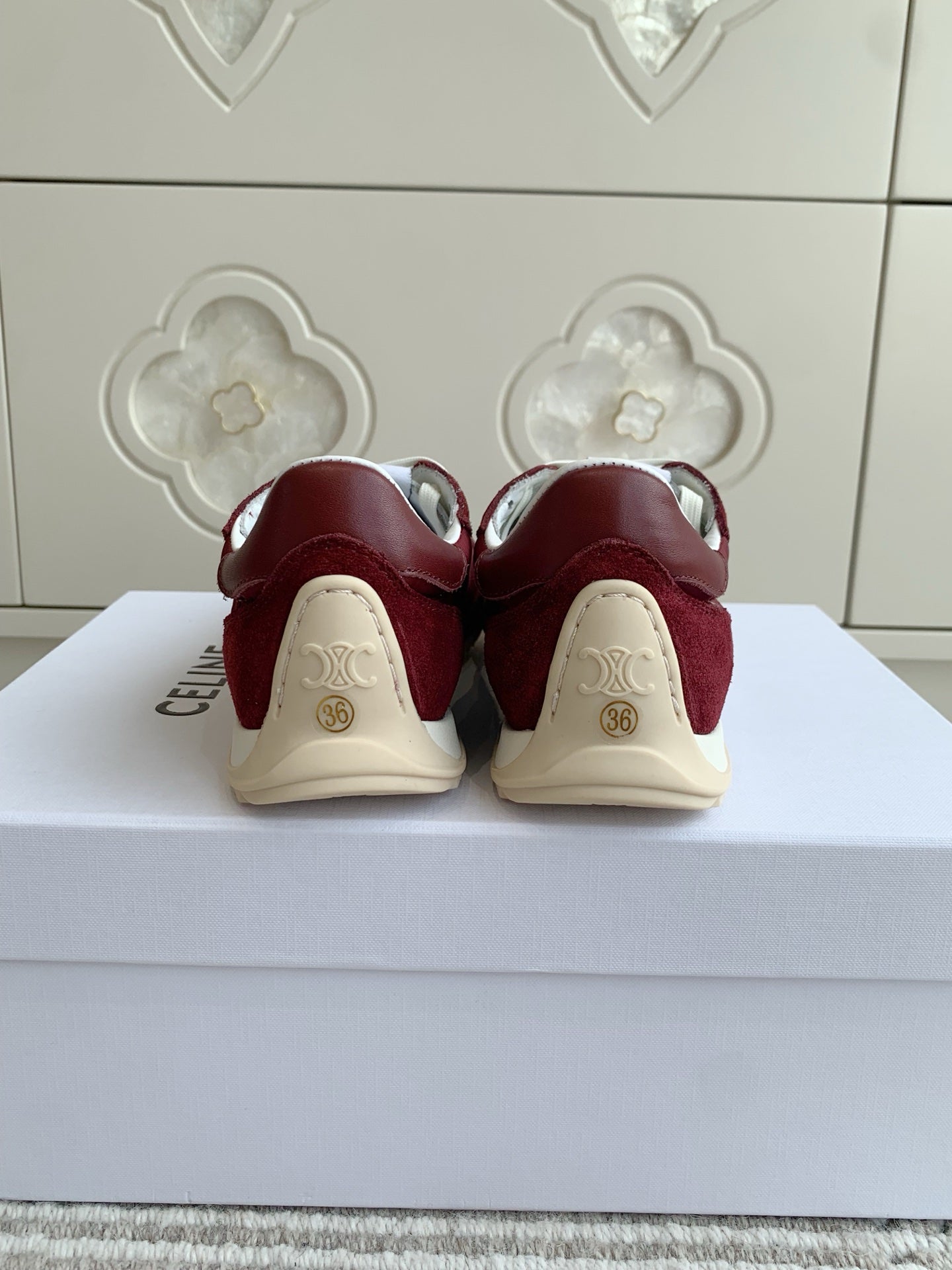 CELINE 26S TRIOMPHE RUNNER SNEAKERS IN BURGUNDY RED NYLON AND SUEDE