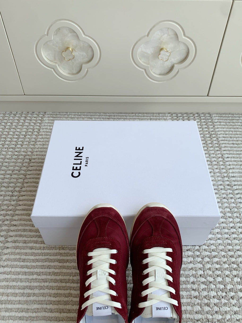 CELINE 26S TRIOMPHE RUNNER SNEAKERS IN BURGUNDY RED NYLON AND SUEDE
