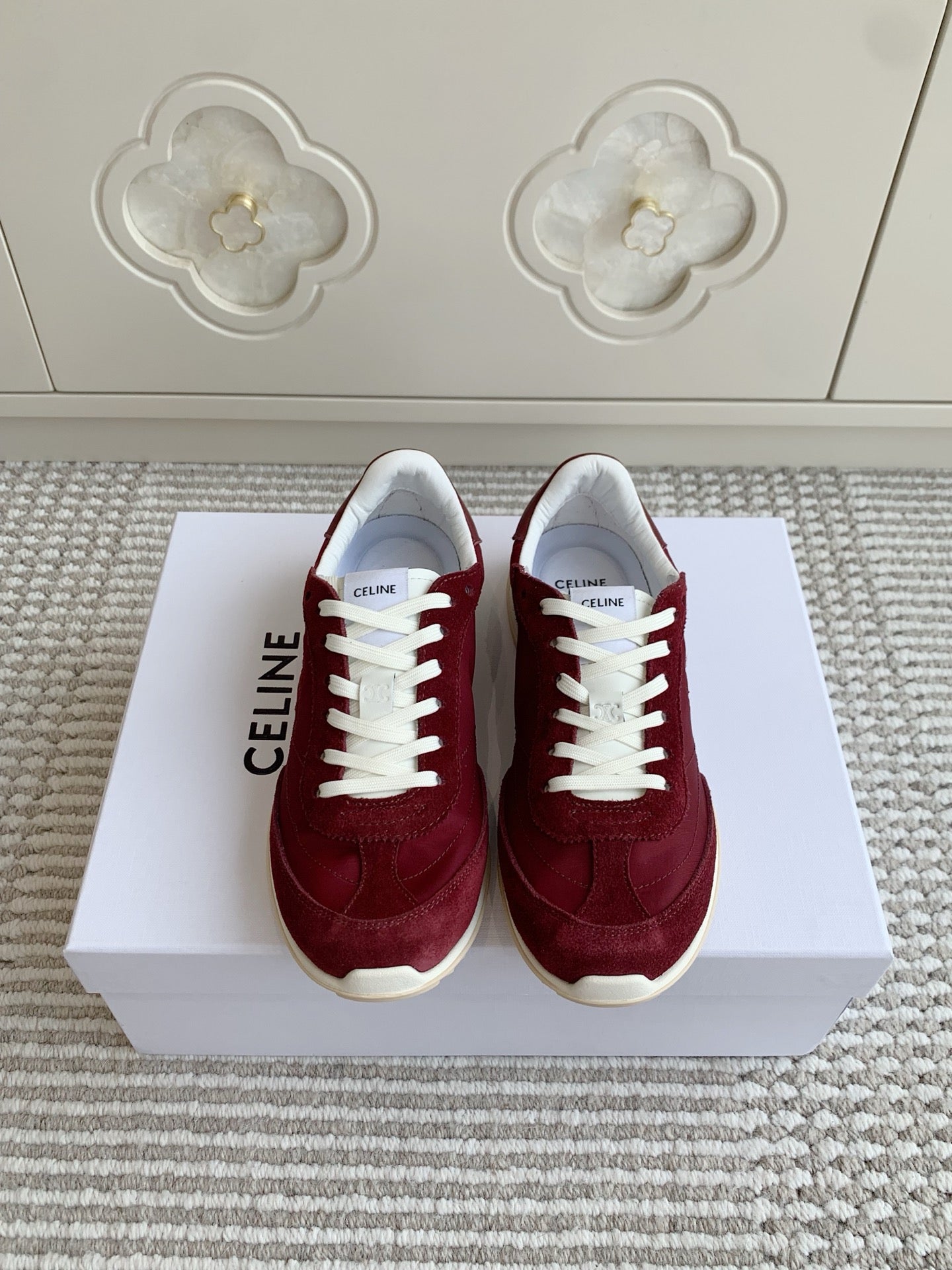 CELINE 26S TRIOMPHE RUNNER SNEAKERS IN BURGUNDY RED NYLON AND SUEDE