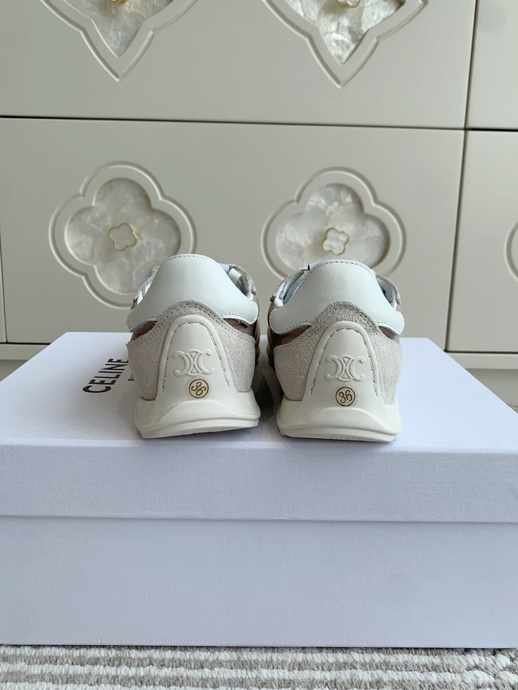 CELINE 26S TRIOMPHE RUNNER SNEAKERS IN MAUVE TAUPE NYLON AND LIGHT GREY SUEDE