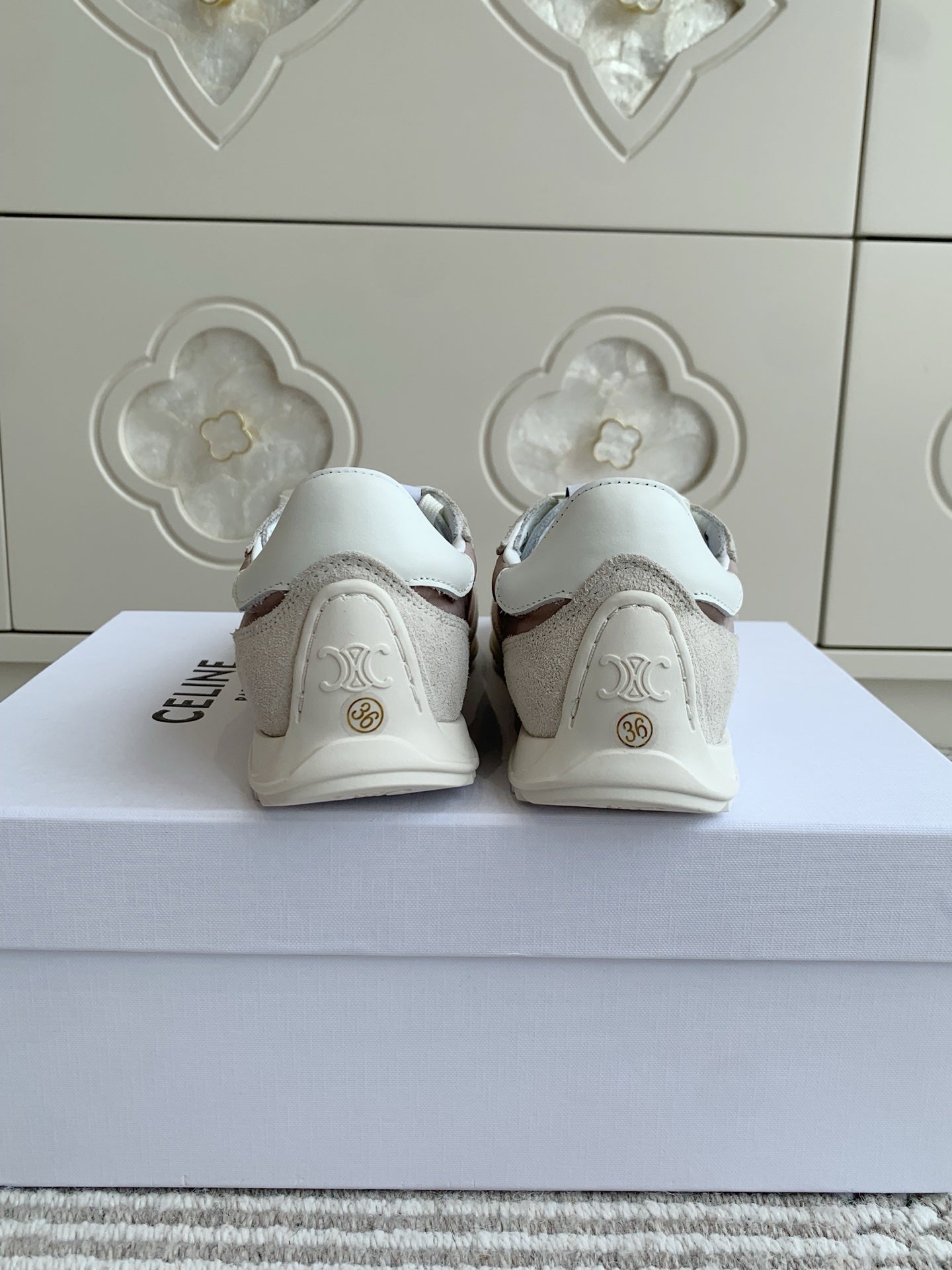 CELINE 26S TRIOMPHE RUNNER SNEAKERS IN MAUVE TAUPE NYLON AND LIGHT GREY SUEDE