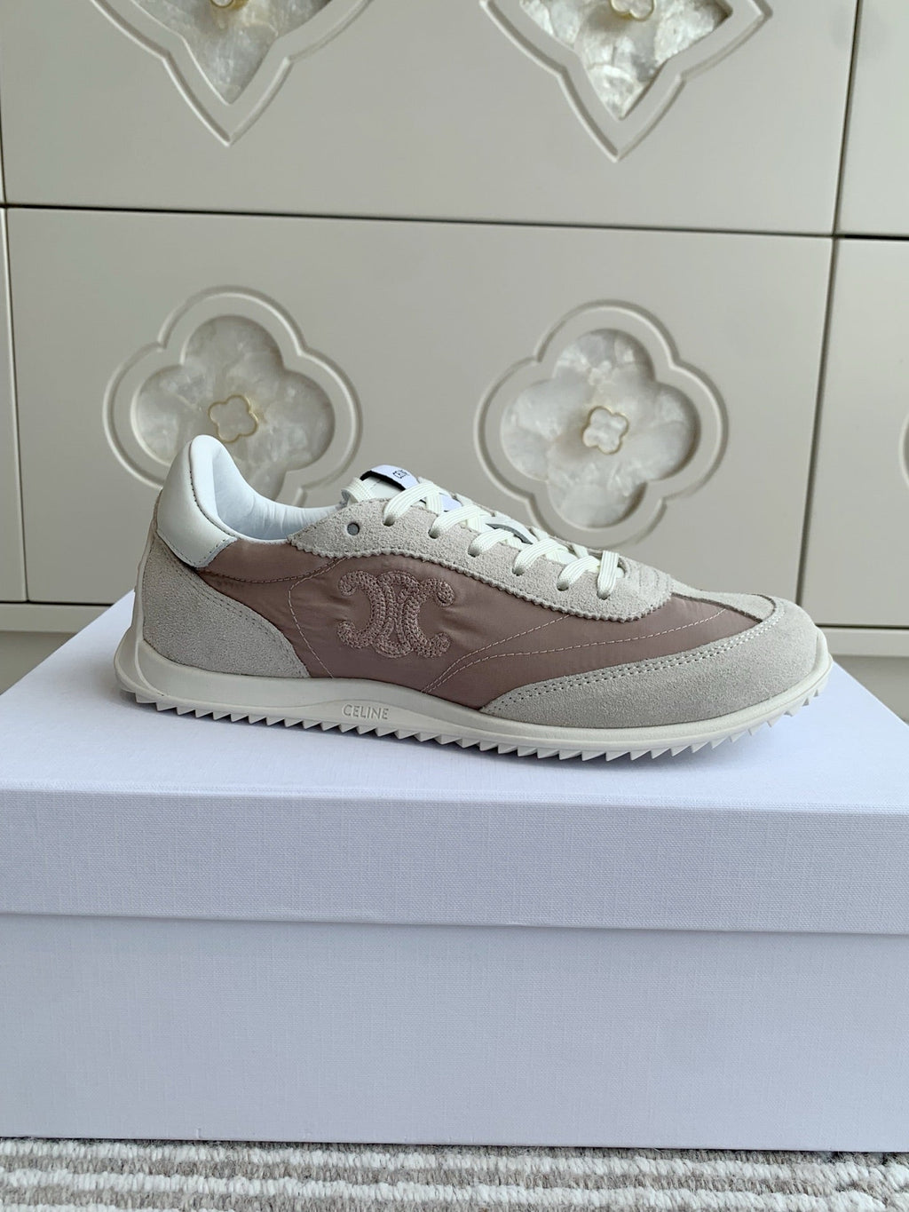 CELINE 26S TRIOMPHE RUNNER SNEAKERS IN MAUVE TAUPE NYLON AND LIGHT GREY SUEDE