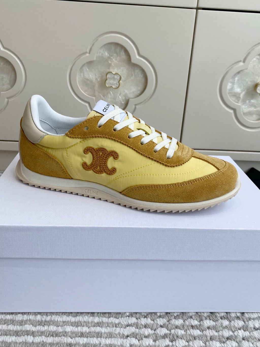 CELINE 26S RUNNER SNEAKERS IN TAN BROWN SUEDE AND BUTTER YELLOW NYLON