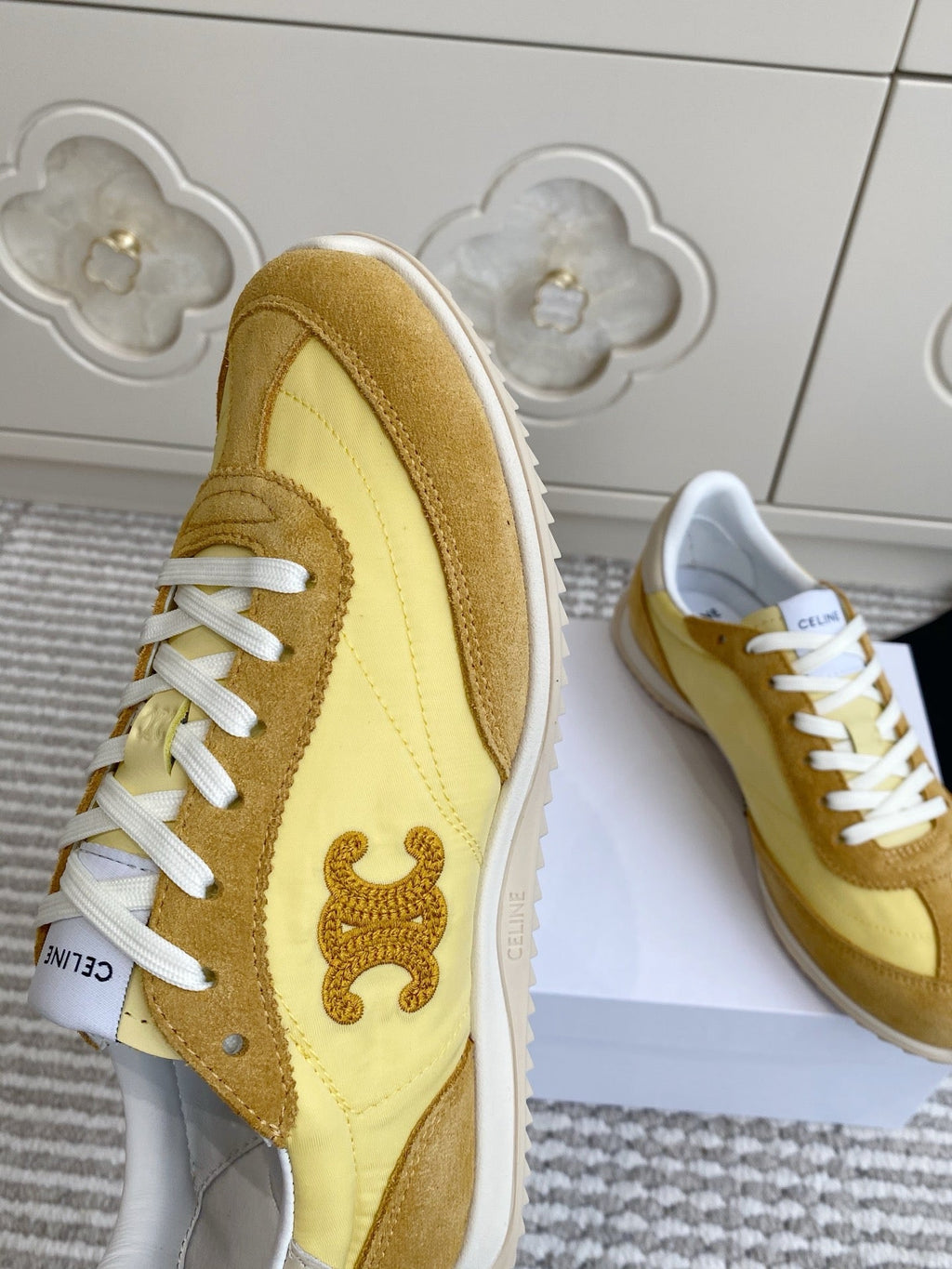 CELINE 26S RUNNER SNEAKERS IN TAN BROWN SUEDE AND BUTTER YELLOW NYLON