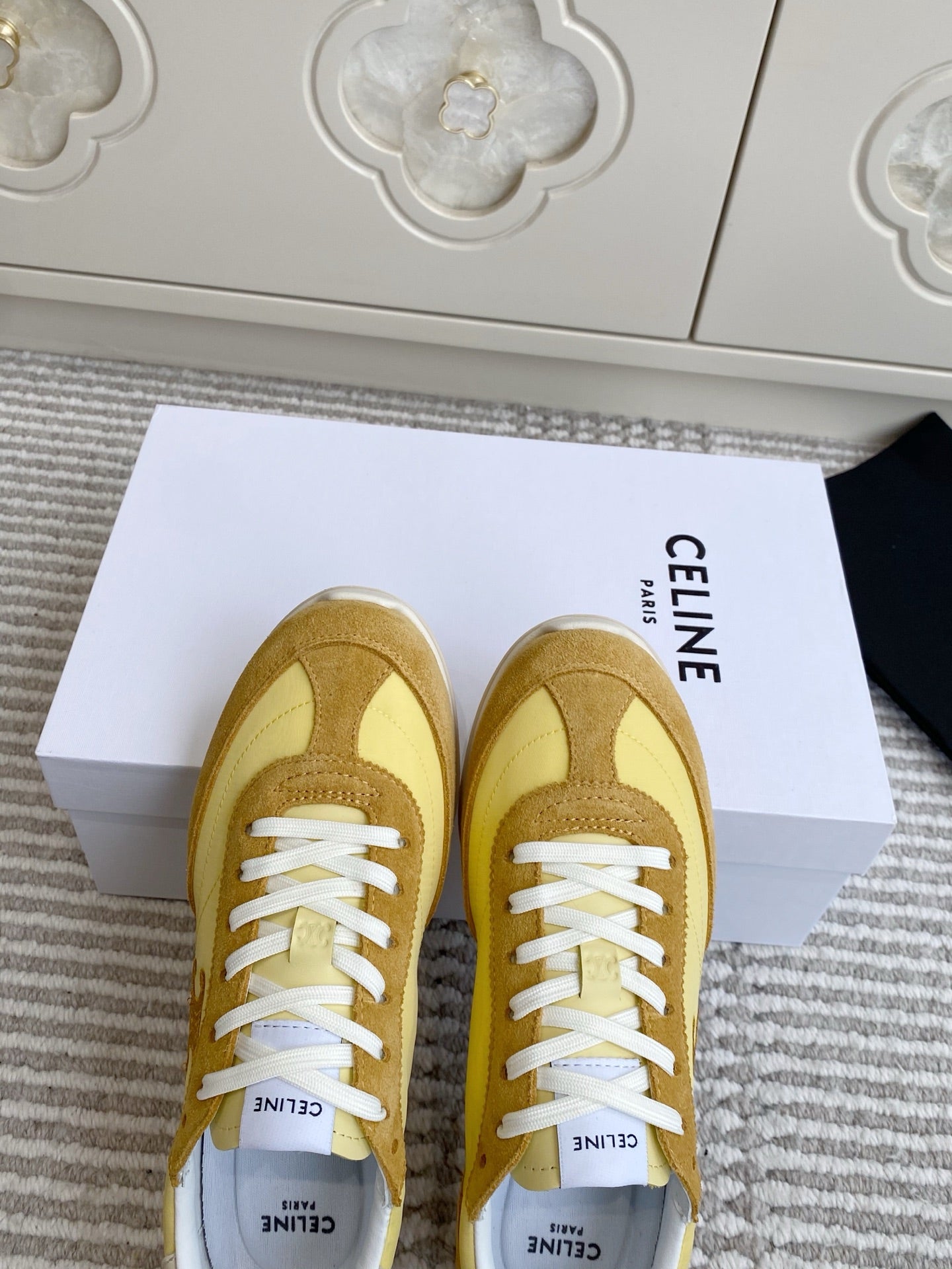 CELINE 26S RUNNER SNEAKERS IN TAN BROWN SUEDE AND BUTTER YELLOW NYLON