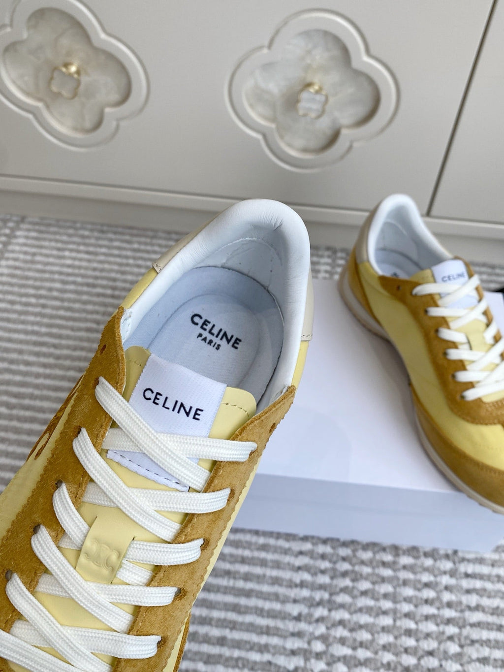 CELINE 26S RUNNER SNEAKERS IN TAN BROWN SUEDE AND BUTTER YELLOW NYLON