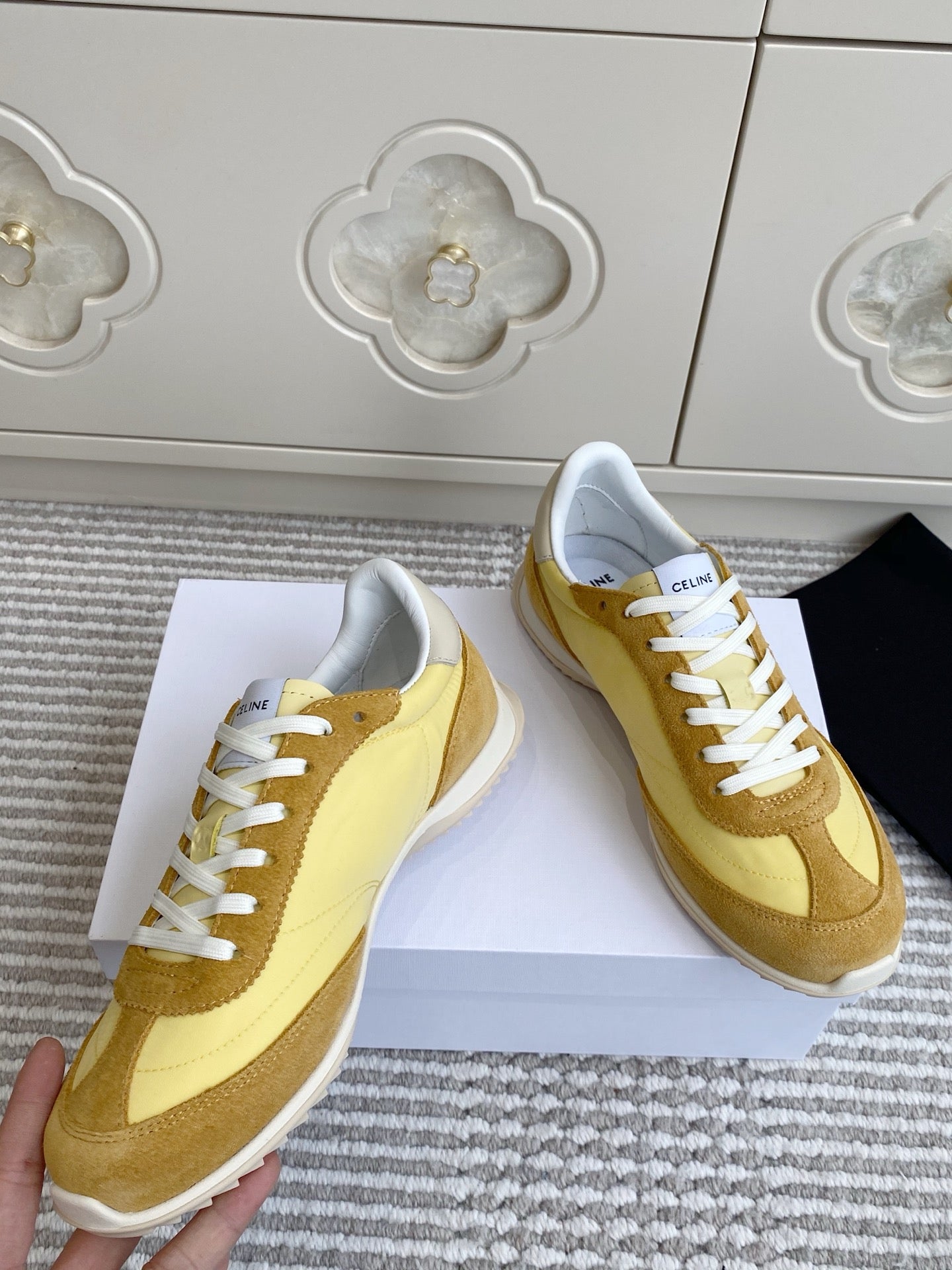 CELINE 26S RUNNER SNEAKERS IN TAN BROWN SUEDE AND BUTTER YELLOW NYLON