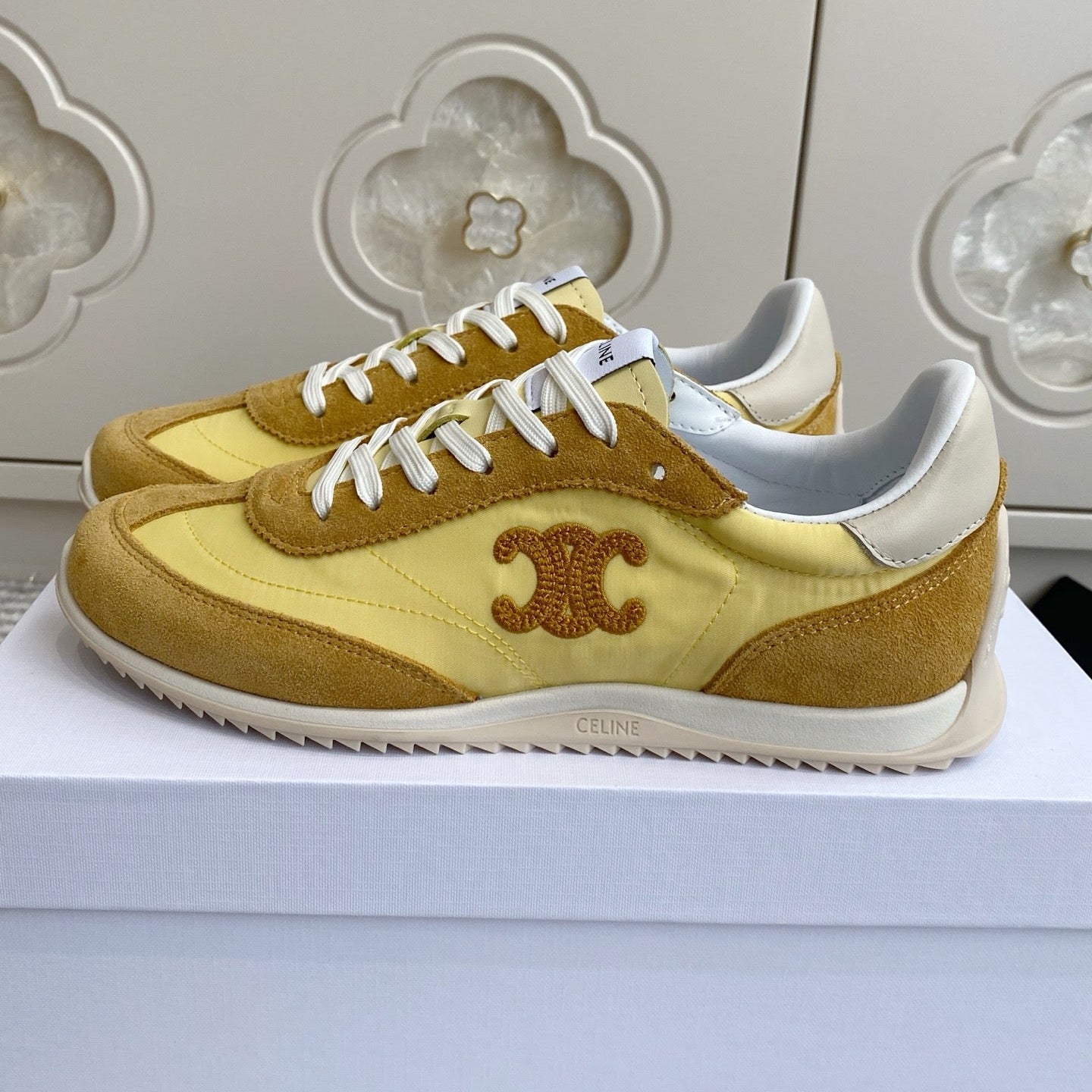 CELINE 26S RUNNER SNEAKERS IN TAN BROWN SUEDE AND BUTTER YELLOW NYLON