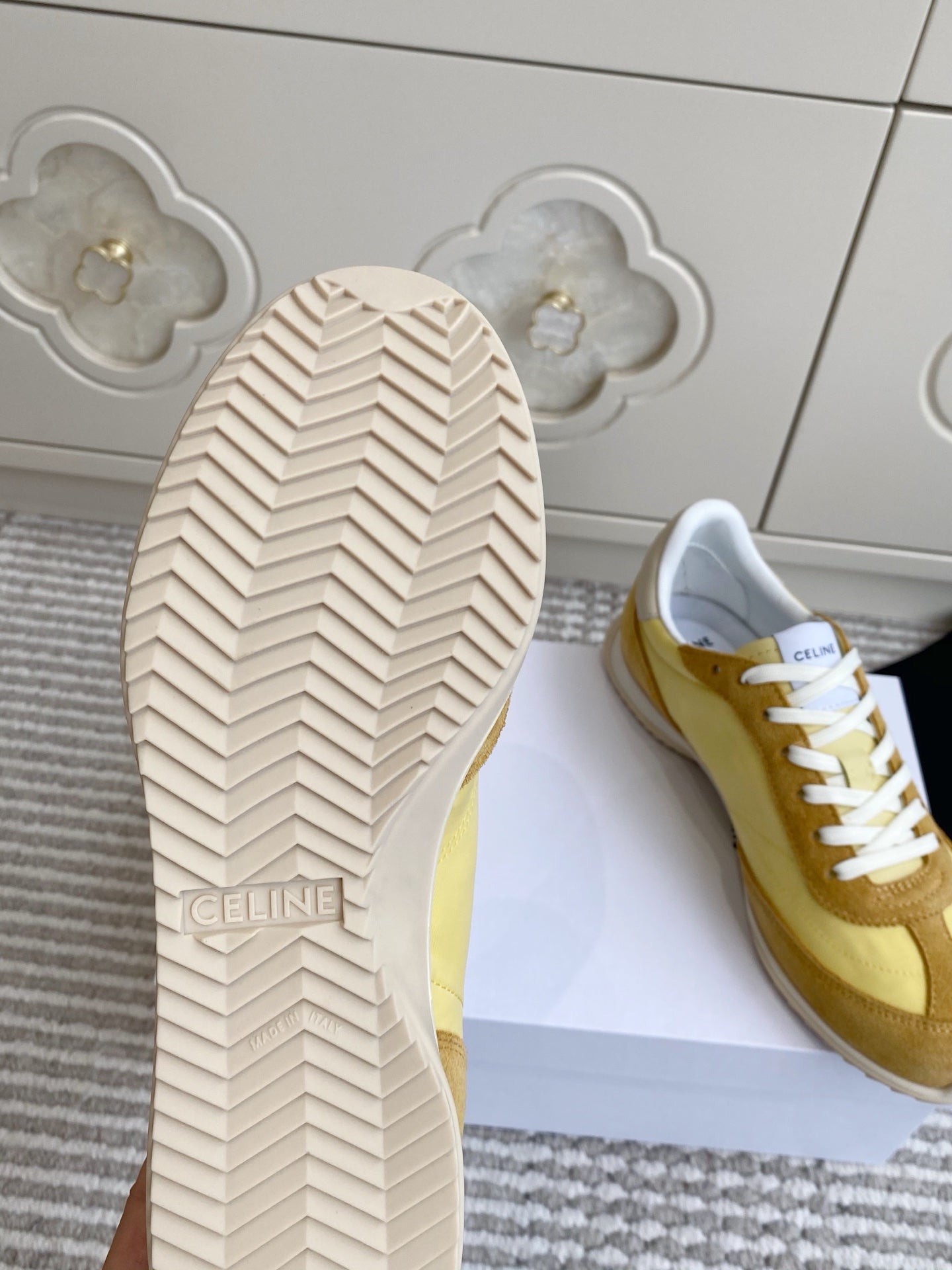 CELINE 26S RUNNER SNEAKERS IN TAN BROWN SUEDE AND BUTTER YELLOW NYLON