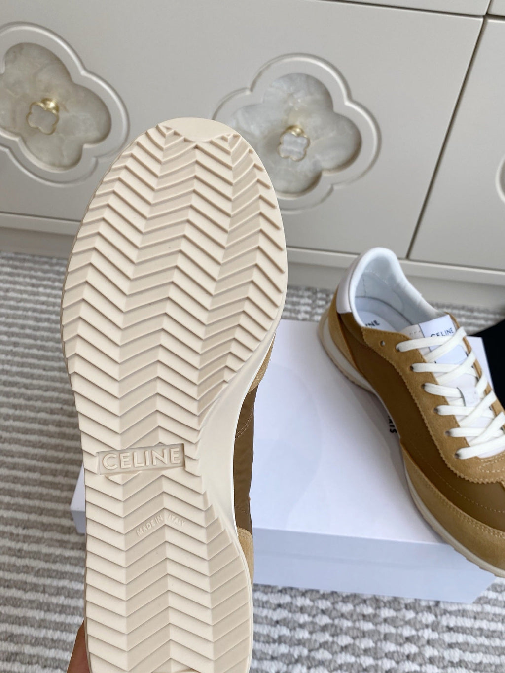 CELINE 26S RUNNER SNEAKERS IN SAND BEIGE SUEDE AND CARAMEL BROWN NYLON
