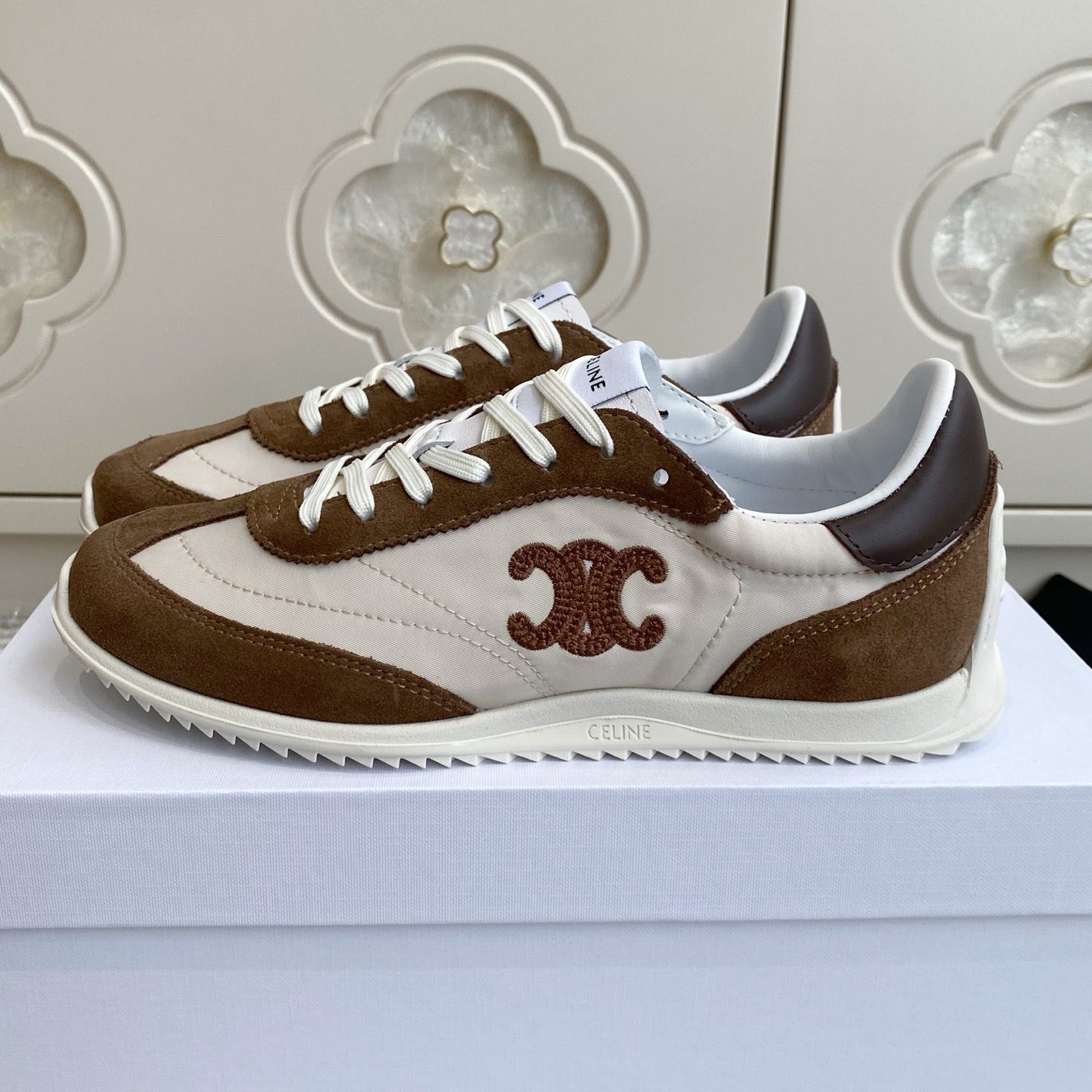 CELINE 26S RUNNER SNEAKERS IN BROWN SUEDE AND WHITE NYLON