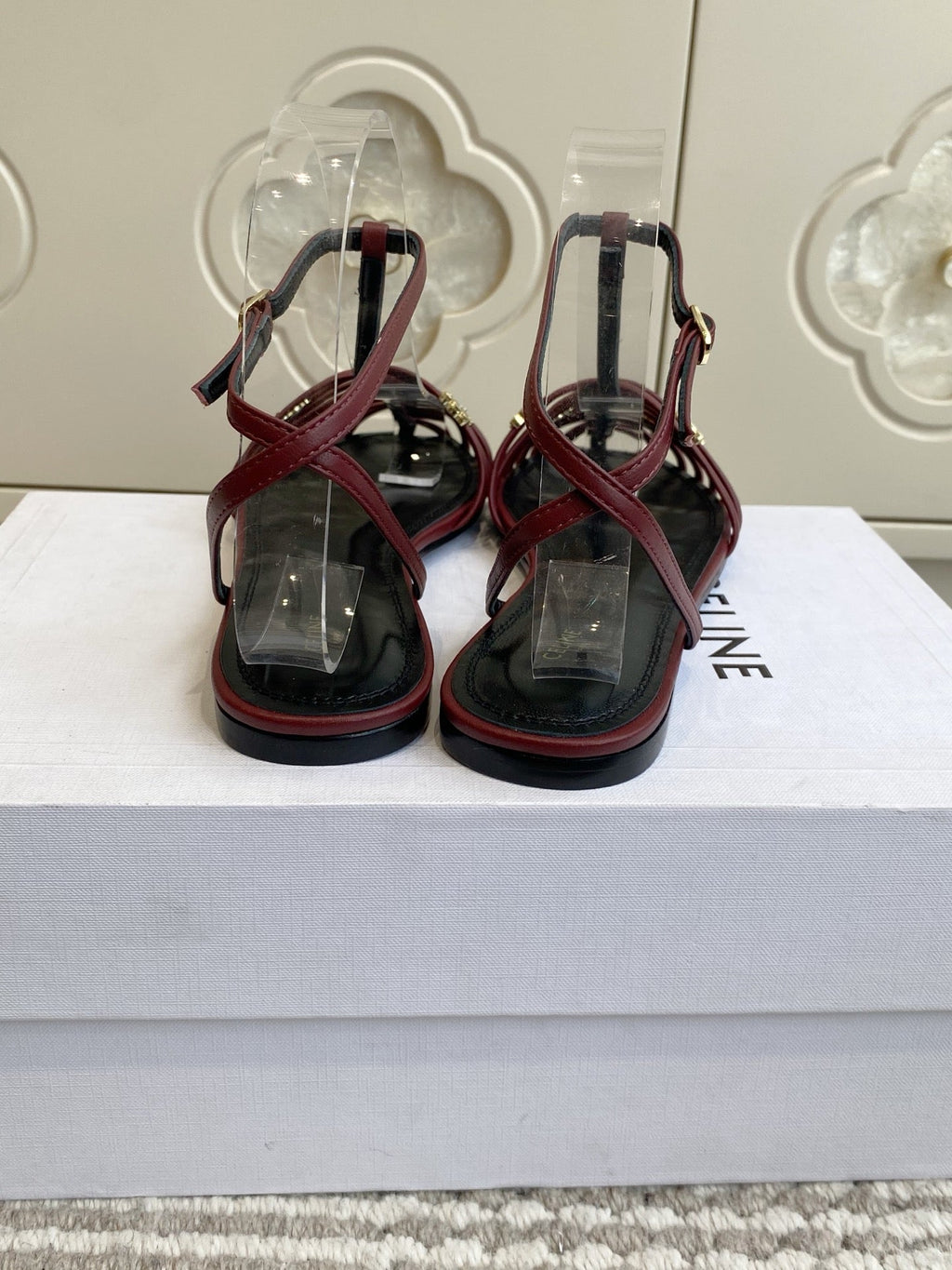 CELINE 26S CLEA TRIOMPHE GLADIATOR SANDALS IN DARK RED LAMBSKIN