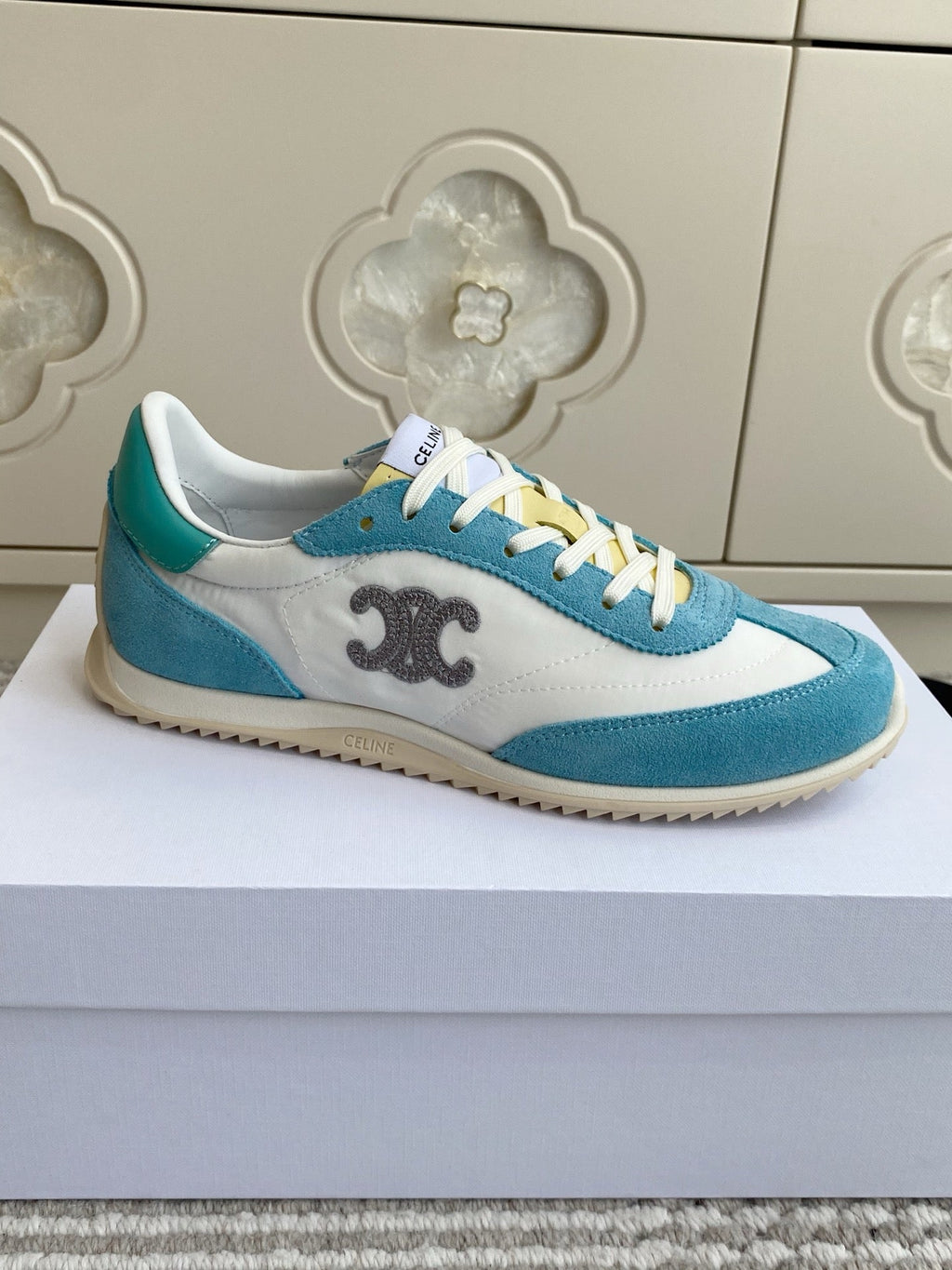 CELINE 26S RUNNER SNEAKERS IN AQUA BLUE SUEDE AND WHITE NYLON