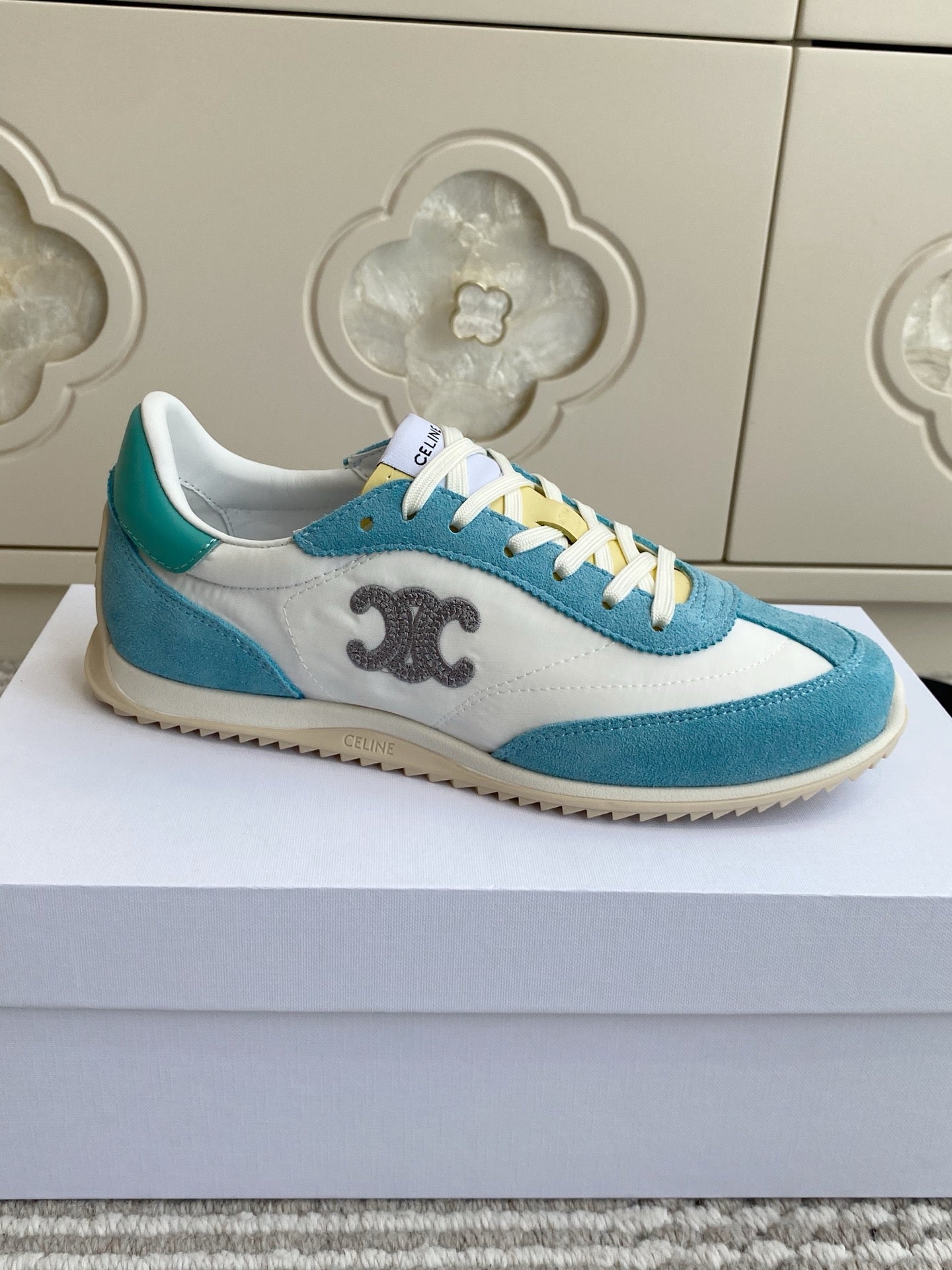 CELINE 26S RUNNER SNEAKERS IN AQUA BLUE SUEDE AND WHITE NYLON