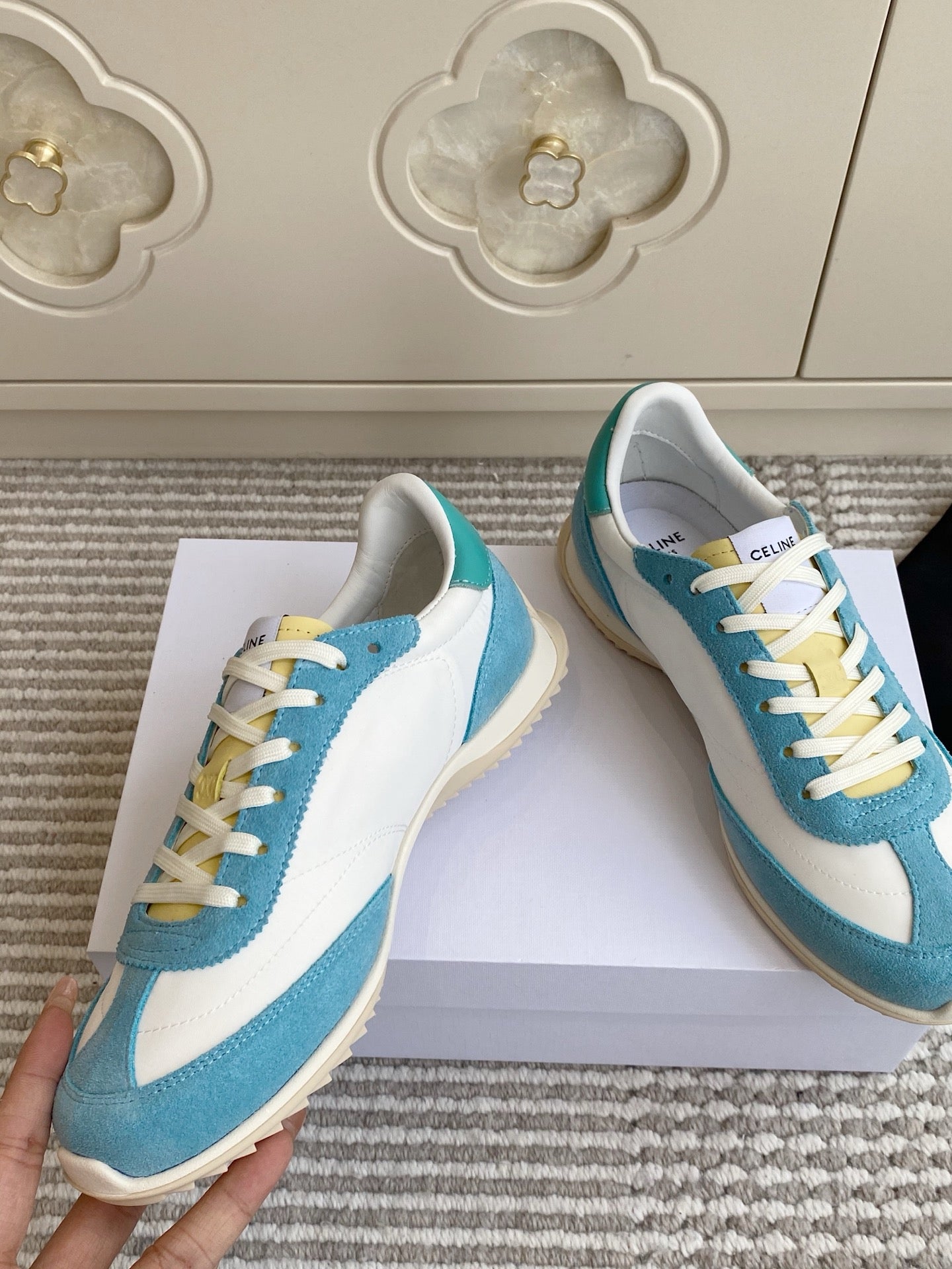 CELINE 26S RUNNER SNEAKERS IN AQUA BLUE SUEDE AND WHITE NYLON