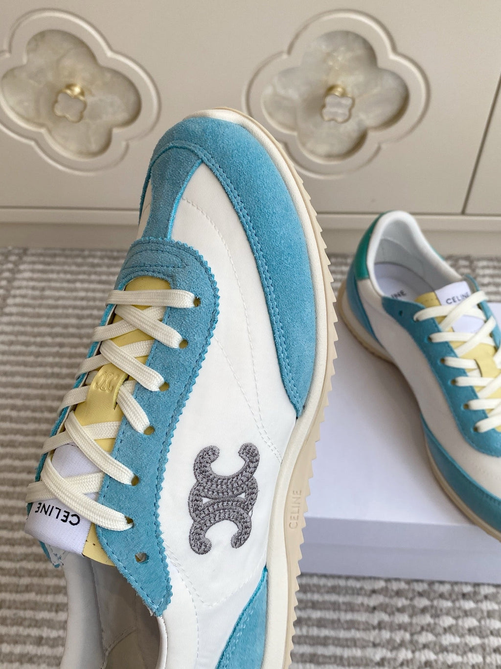 CELINE 26S RUNNER SNEAKERS IN AQUA BLUE SUEDE AND WHITE NYLON