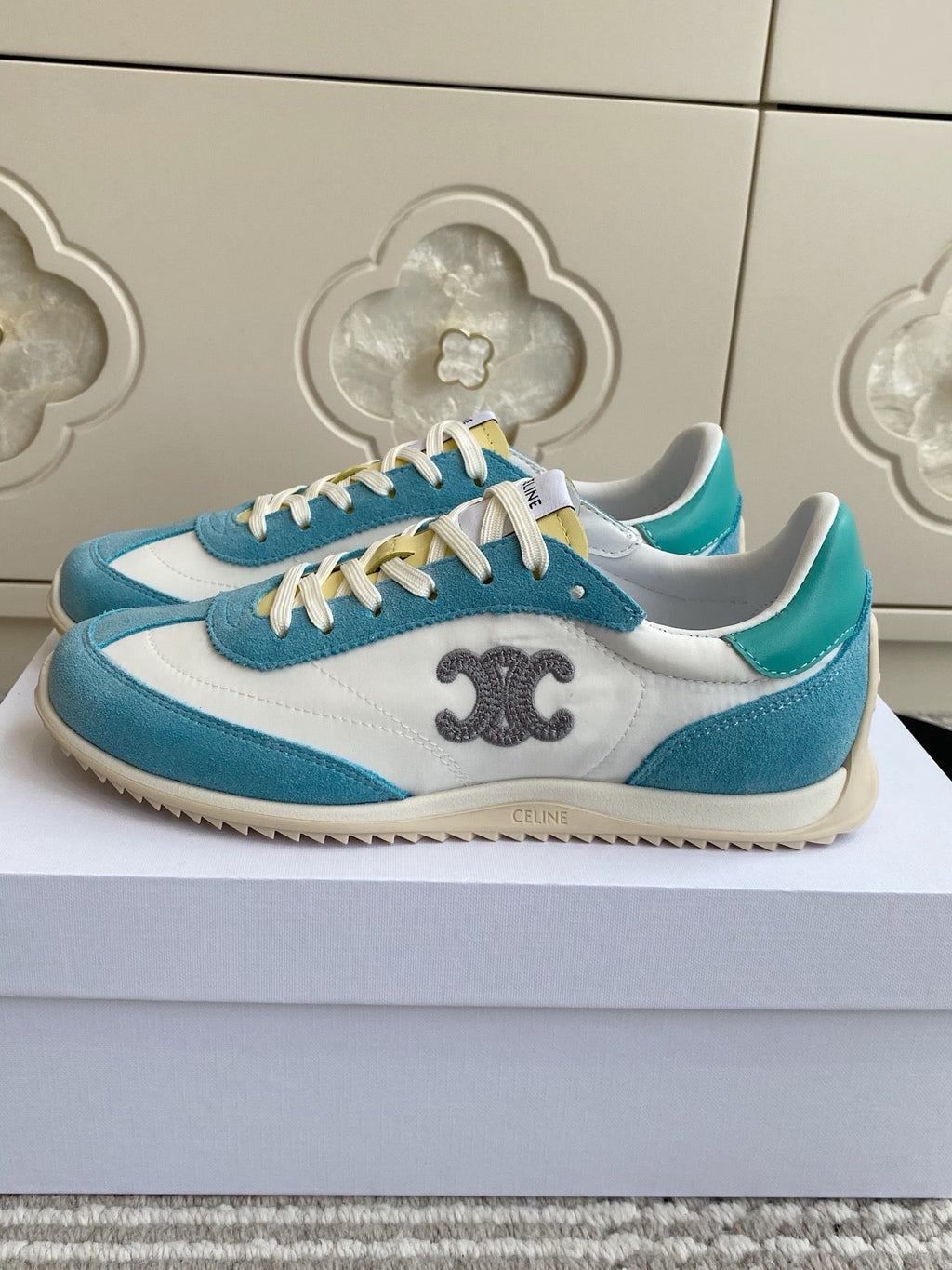 CELINE 26S RUNNER SNEAKERS IN AQUA BLUE SUEDE AND WHITE NYLON
