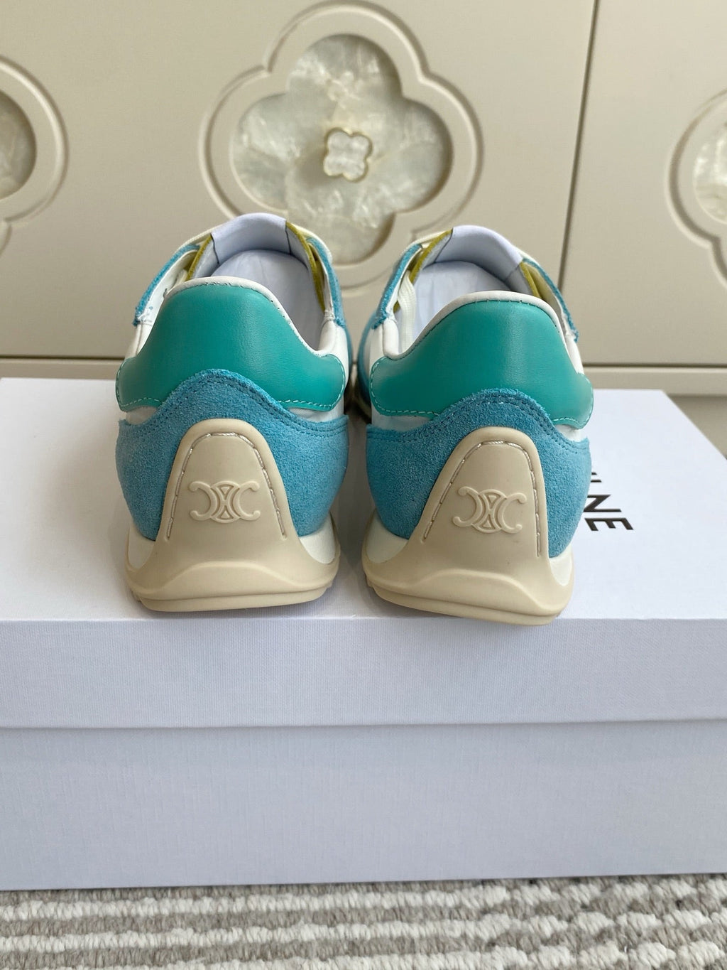 CELINE 26S RUNNER SNEAKERS IN AQUA BLUE SUEDE AND WHITE NYLON
