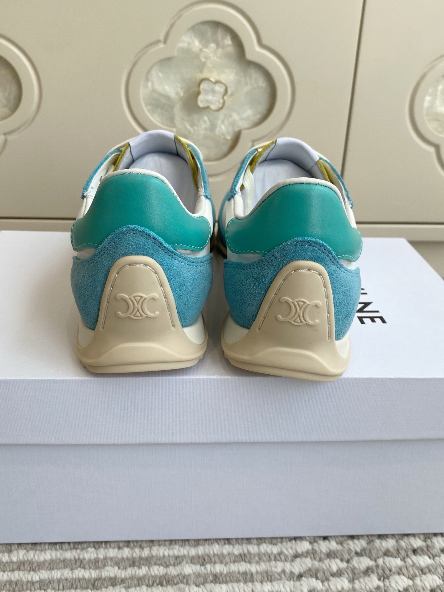CELINE 26S RUNNER SNEAKERS IN AQUA BLUE SUEDE AND WHITE NYLON