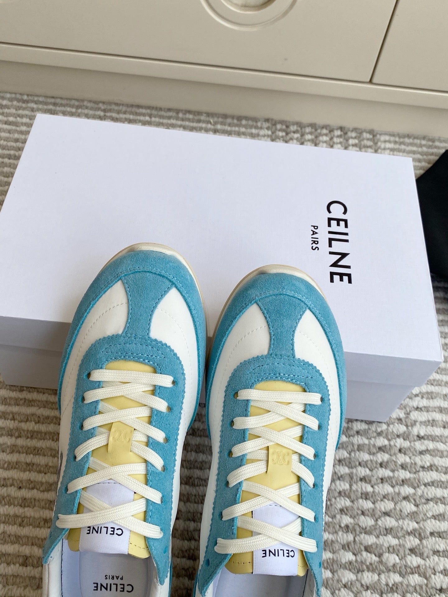 CELINE 26S RUNNER SNEAKERS IN AQUA BLUE SUEDE AND WHITE NYLON