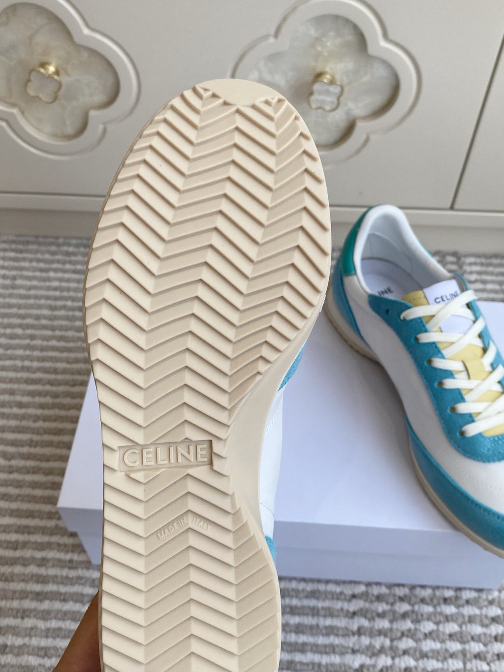 CELINE 26S RUNNER SNEAKERS IN AQUA BLUE SUEDE AND WHITE NYLON