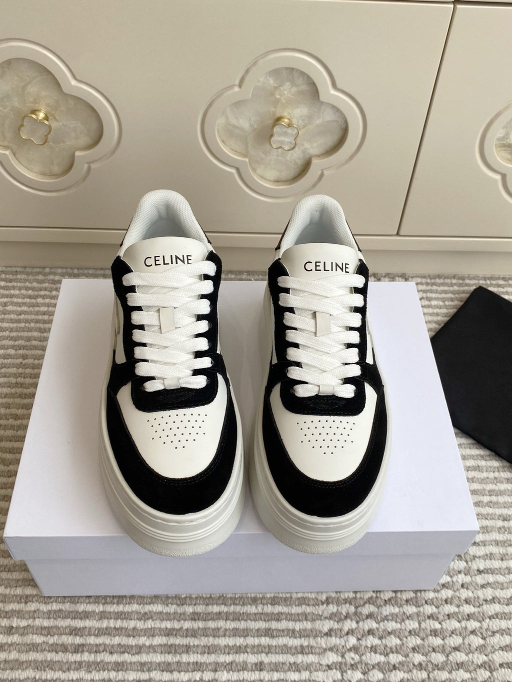CELINE 26S WEDGE SNEAKERS 50MM IN WHITE CALFSKIN AND BLACK SUEDE