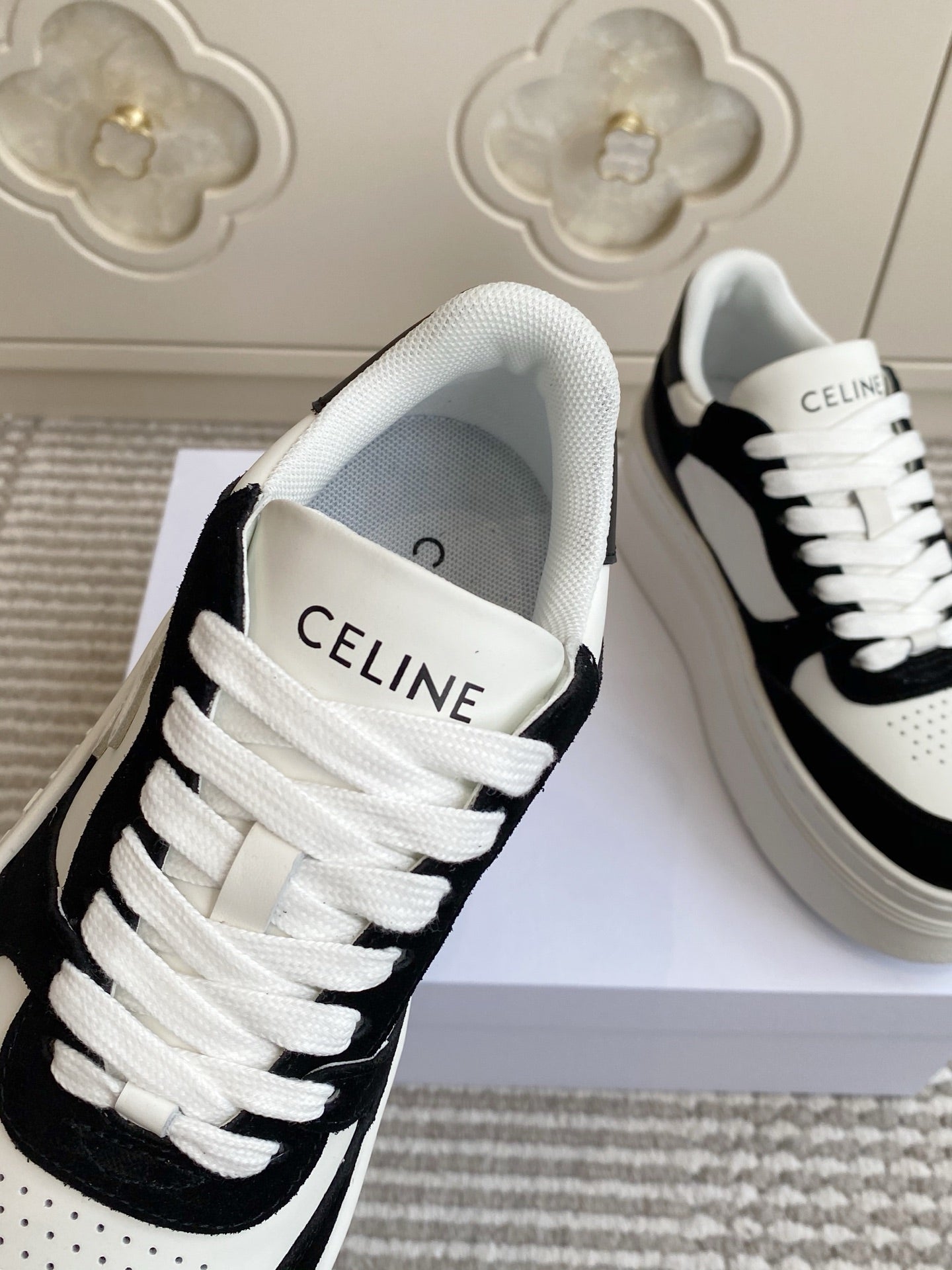 CELINE 26S WEDGE SNEAKERS 50MM IN WHITE CALFSKIN AND BLACK SUEDE